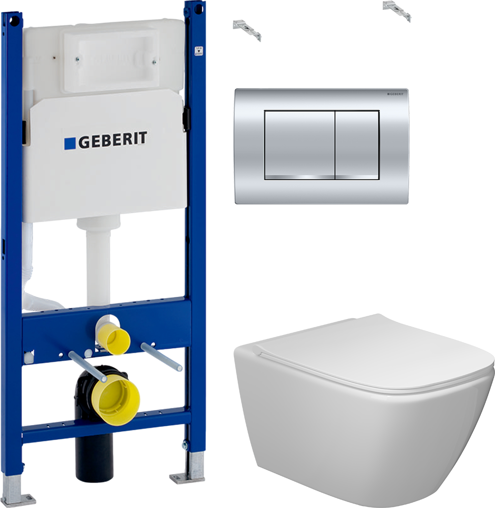 Комплект  Унитаз подвесной STWORKI Карлстад 5610 безободковый, с микролифтом + Система инсталляции для унитазов Geberit Duofix Delta 458.163.21.1 с кнопкой смыва, хром