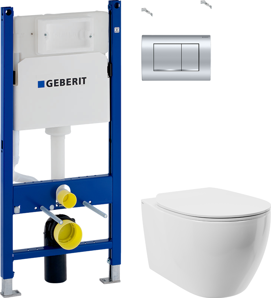 Комплект  Унитаз подвесной STWORKI Муле HDC510NWH с микролифтом + Система инсталляции для унитазов Geberit Duofix Delta 458.163.21.1 с кнопкой смыва, хром