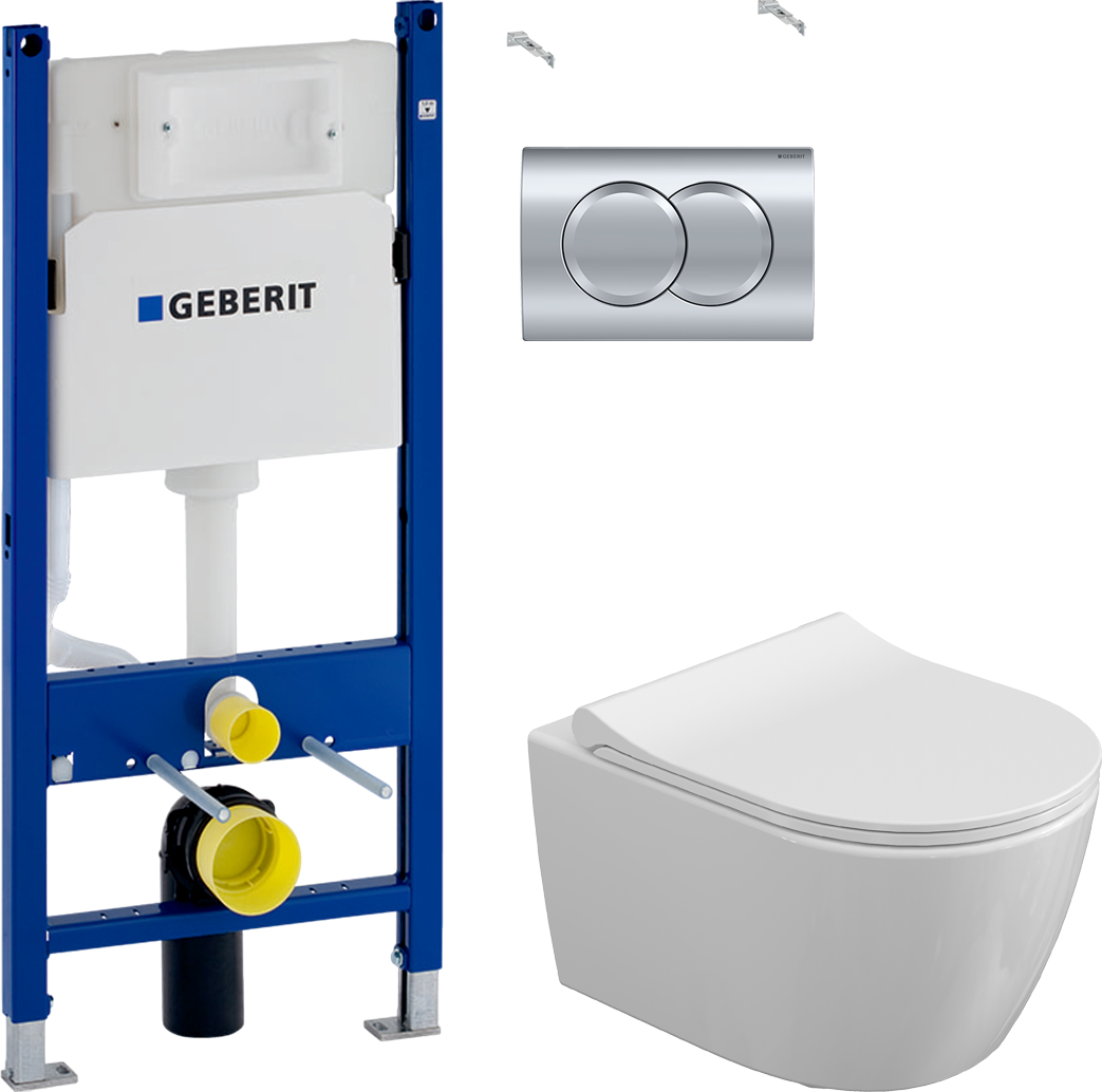 Комплект Унитаз подвесной STWORKI Ларвик 5512 безободковый + Крышка-сиденье STWORKI Ларвик 530224 + Система инсталляции для унитазов Geberit Duofix Delta 458.149.21.1 с кнопкой смыва, хром