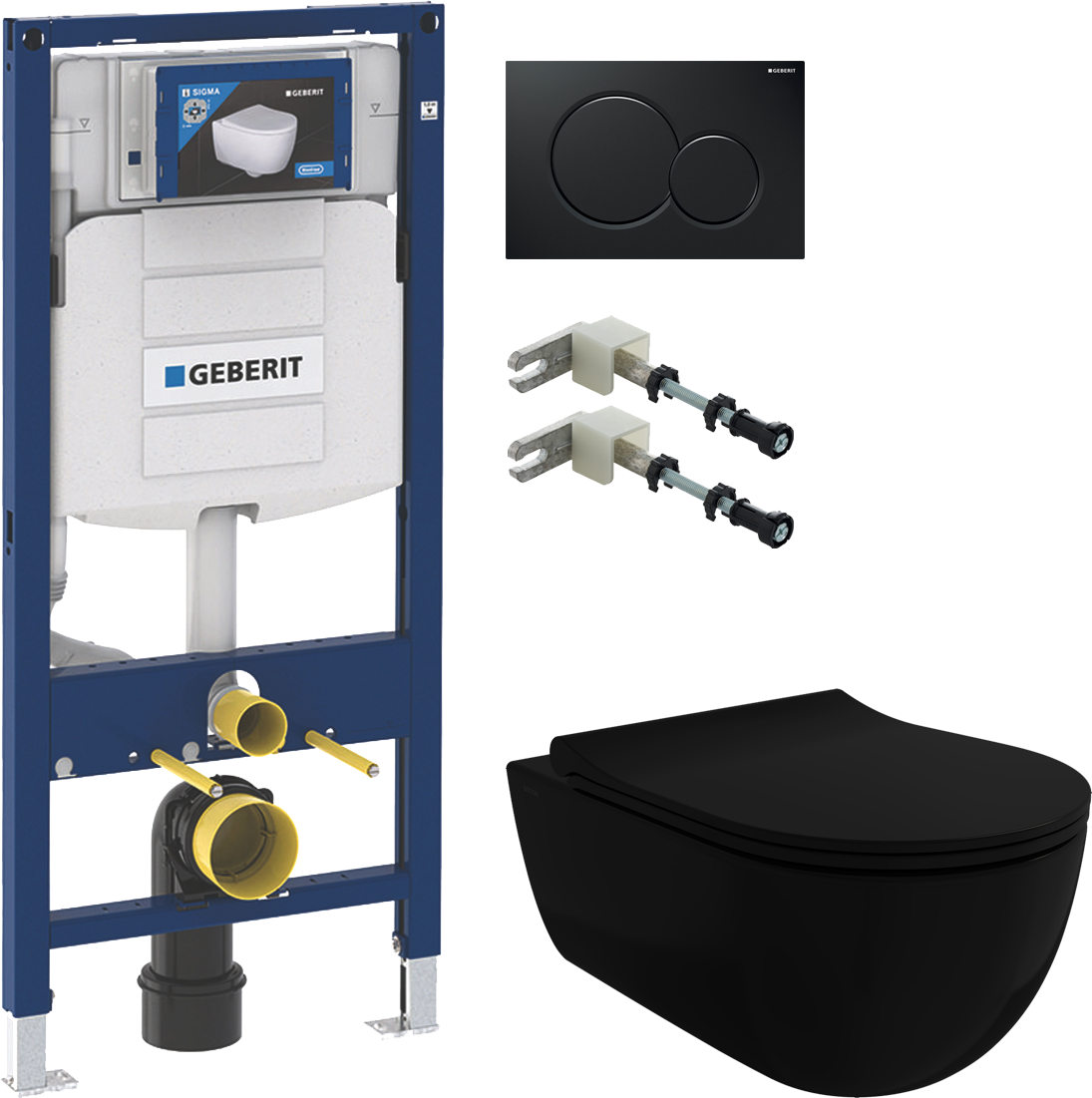 Комплект Унитаз подвесной BOCCHI V-Tondo 1416-004-0129 безободковый, черный матовый + Крышка-сиденье BOCCHI A0336-004 с микролифтом, черная матовая + Система инсталляции для унитазов Geberit Duofix UP 320 111.300.00.5 + Кнопка смыва Geberit Sigma 01 115.7