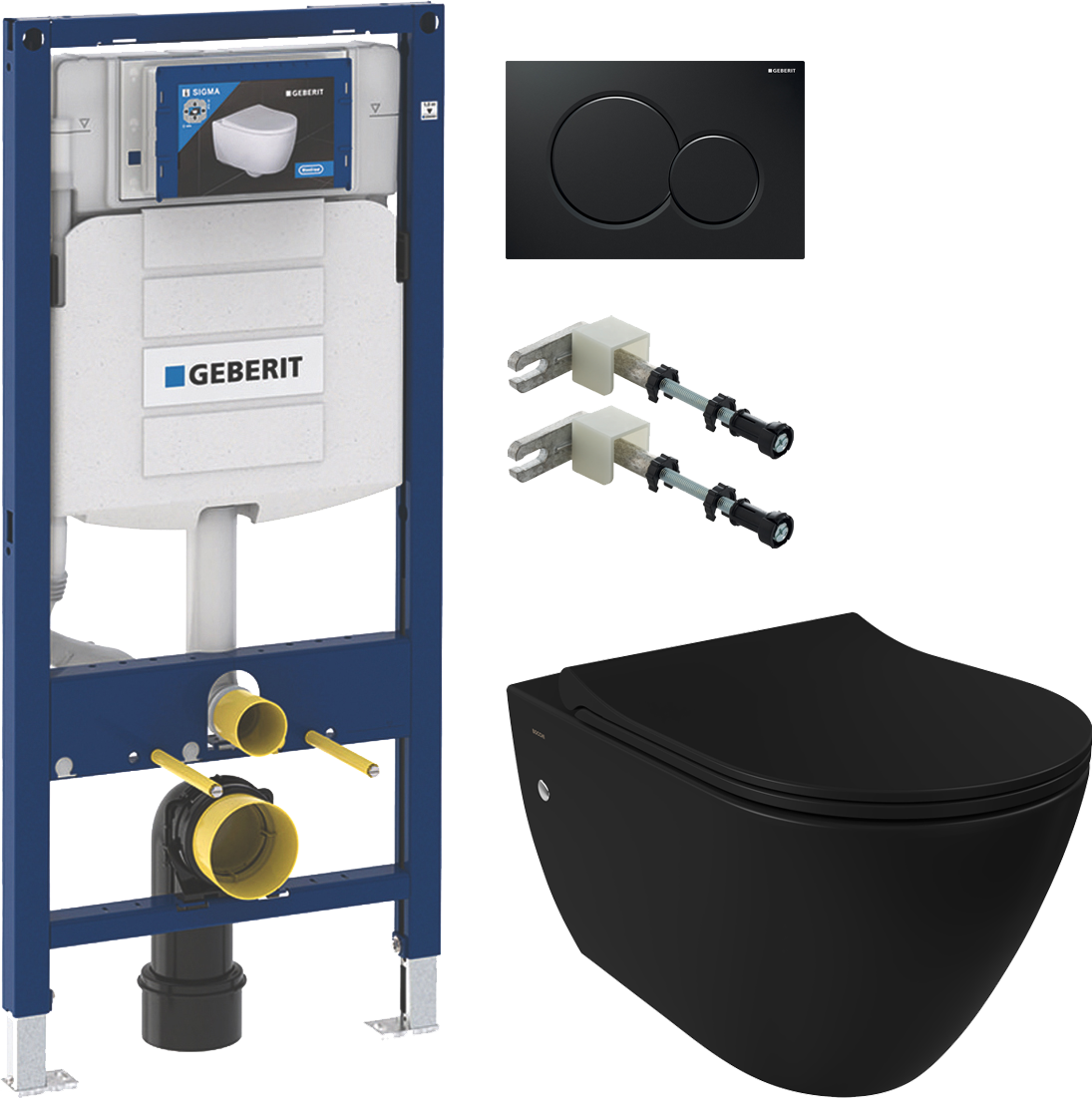 Комплект Унитаз подвесной BOCCHI Venezia 1295-004-0129 черный матовый + Крышка-сиденье BOCCHI A0336-004 с микролифтом, черная матовая + Система инсталляции для унитазов Geberit Duofix UP 320 111.300.00.5 + Кнопка смыва Geberit Sigma 01 115.770.DW.5 черная