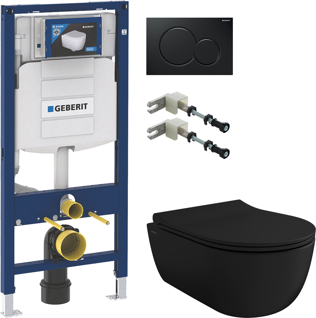 Комплект Унитаз подвесной BOCCHI V-Tondo 1417-004-0129 безободковый, черная матовый + Крышка-сиденье BOCCHI A0336-004 с микролифтом, черная матовая + Комплект крепления для инсталляций Geberit Duofix 111.815.00.1 к стене + Система инсталляции для унитазов