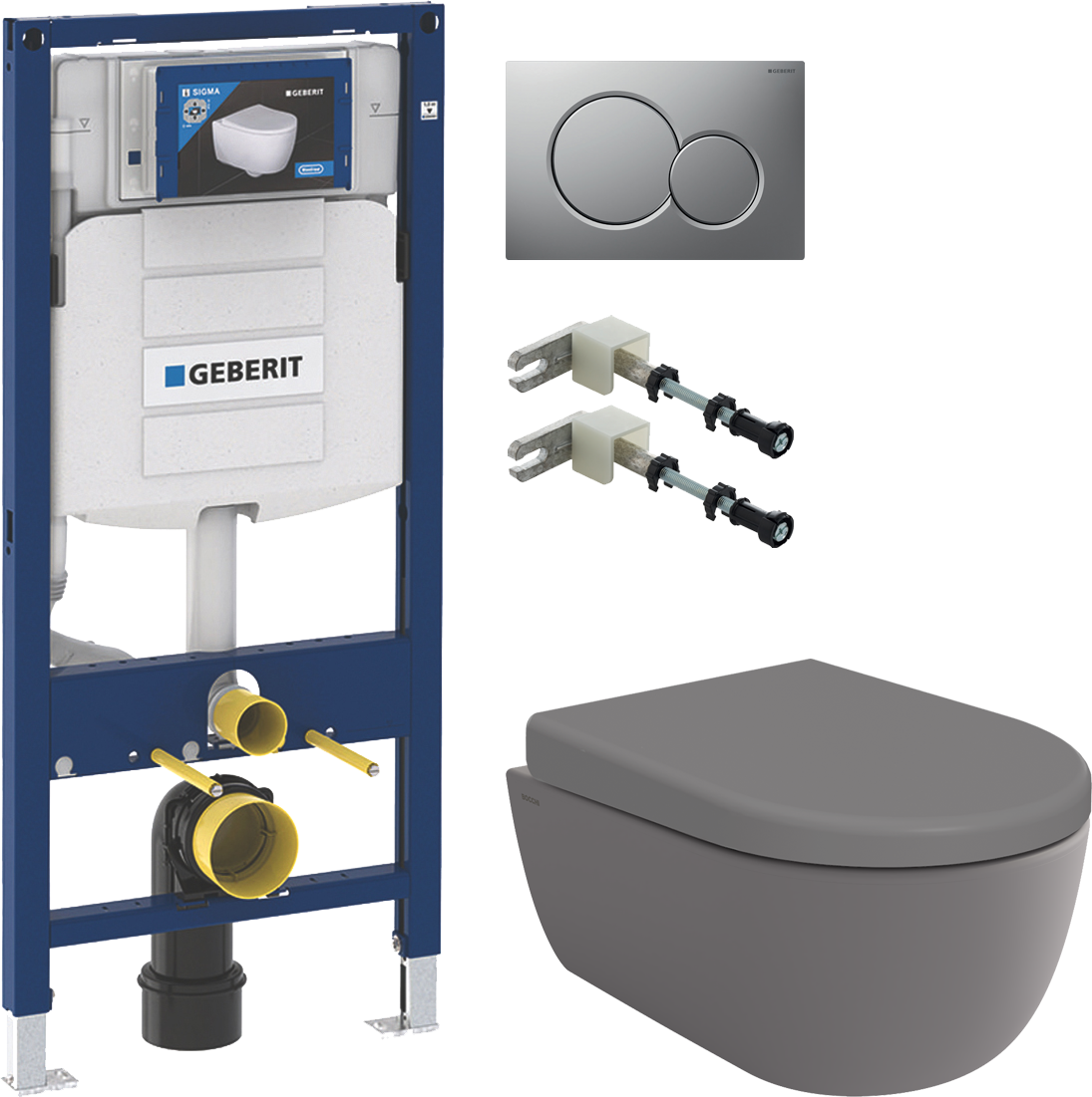 Комплект Унитаз подвесной BOCCHI V-Tondo 1417-006-0129 безободковый, серый матовый + Крышка-сиденье BOCCHI A0302-006 с микролифтом, серая матовая + Комплект крепления для инсталляций Geberit Duofix 111.815.00.1 к стене + Система инсталляции для унитазов G
