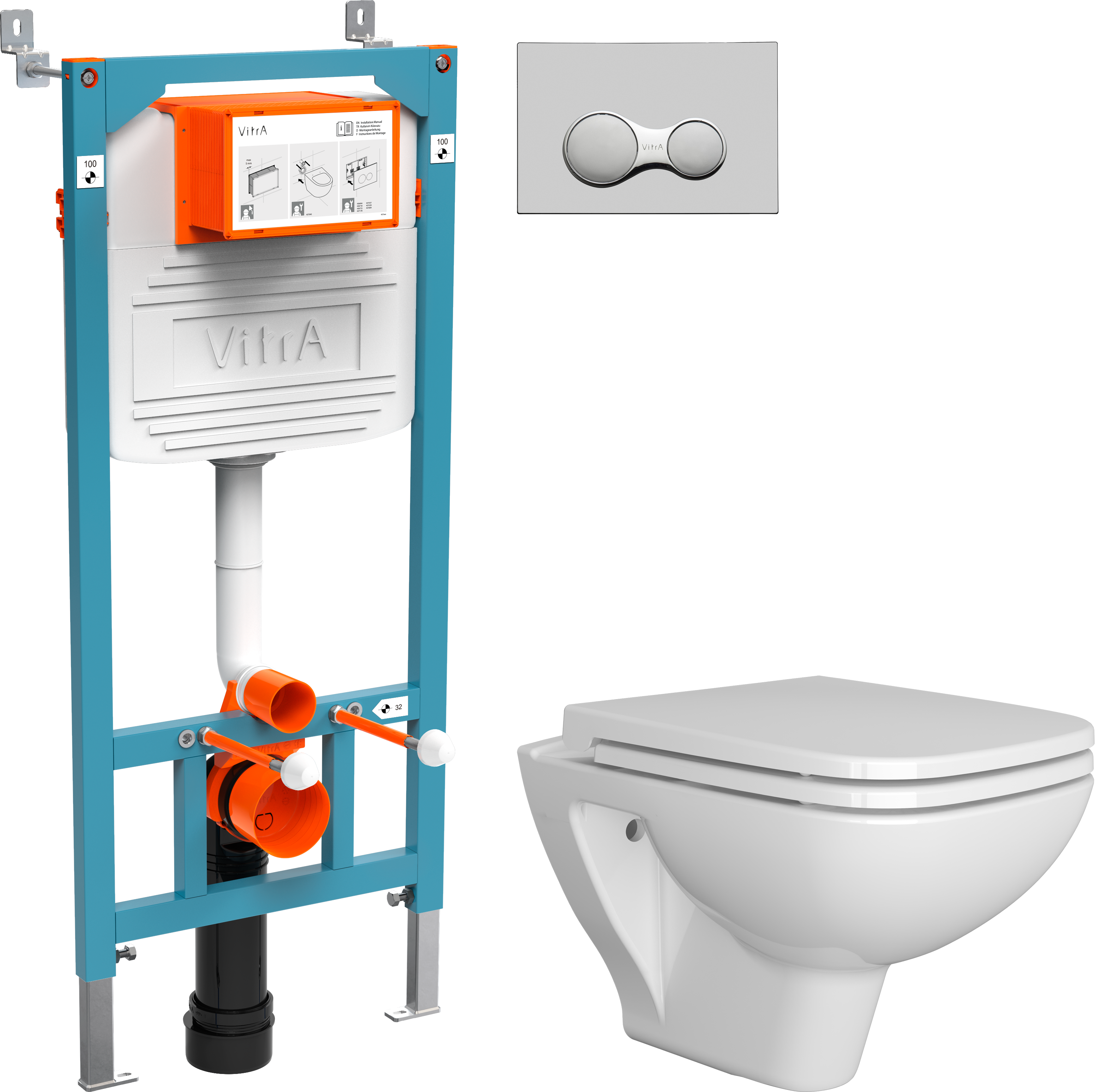 Комплект Унитаз подвесной DIWO Сочи 7508N003-0079 безободковая + Крышка Yakut 0344 с микролифтом + Инсталляция VitrA 800-2010 с кнопкой смыва, хром