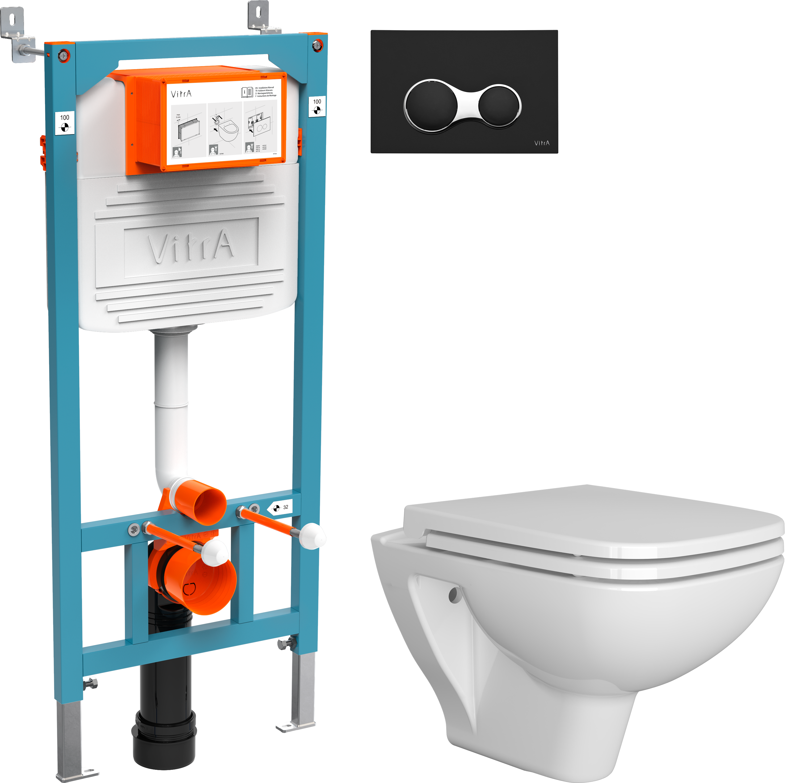 Комплект Унитаз подвесной DIWO Сочи 7508N003-0079 безободковая + Крышка Yakut 0344 с микролифтом + Инсталляция VitrA 800-2011 с кнопкой смыва, черной