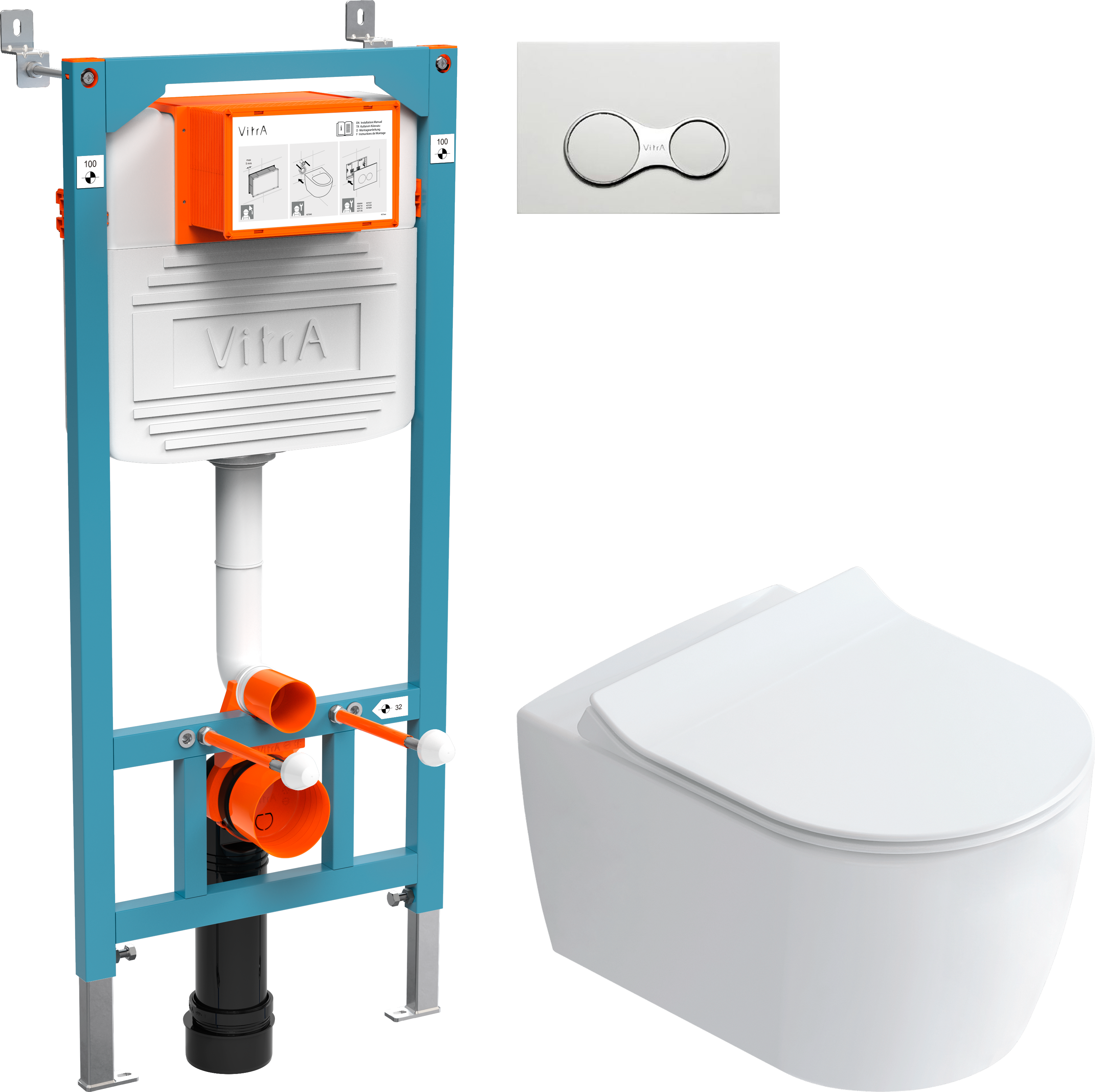 Комплект Унитаз подвесной STWORKI Ноттвиль SETK3104-2616 безободковый, с микролифтом, белый + Инсталляция VitrA 800-2009 с кнопкой смыва, белая
