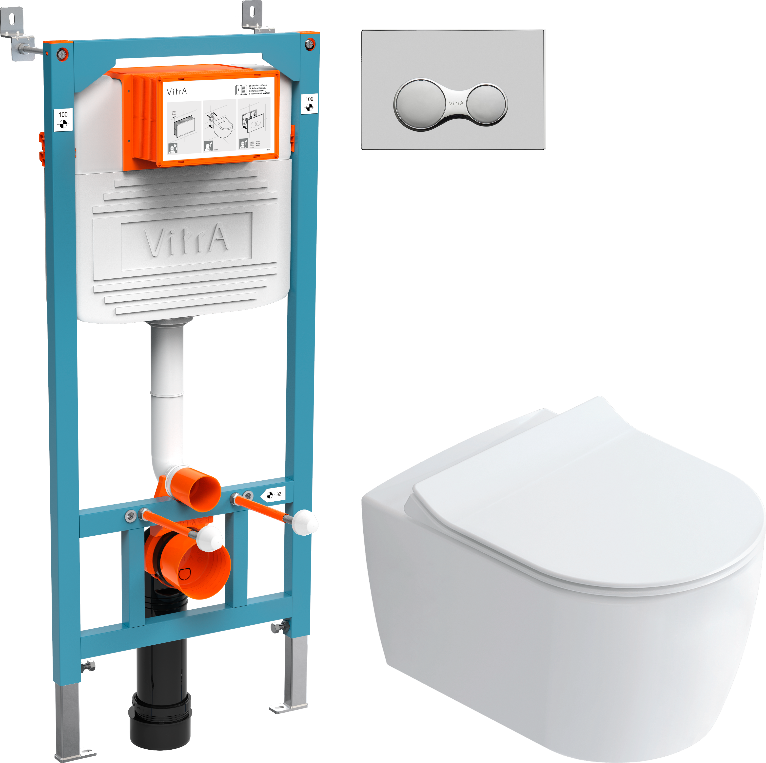 Комплект Унитаз подвесной STWORKI Ноттвиль SETK3104-2616 безободковый, с микролифтом, белый + Инсталляция VitrA 800-2010 с кнопкой смыва, хром