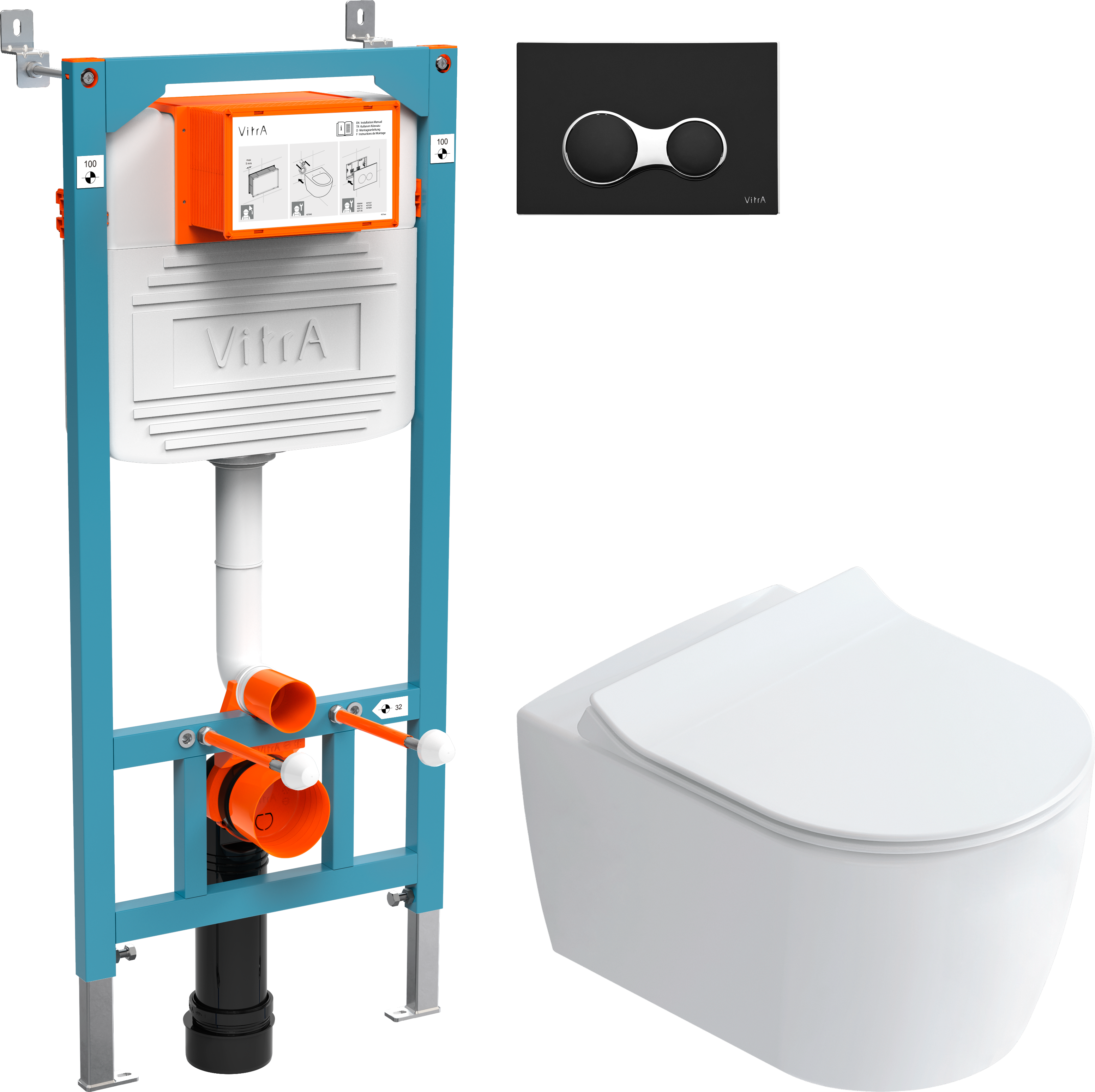 Комплект Унитаз подвесной STWORKI Ноттвиль SETK3104-2616 безободковый, с микролифтом, белый + Инсталляция VitrA 800-2011 с кнопкой смыва, черной