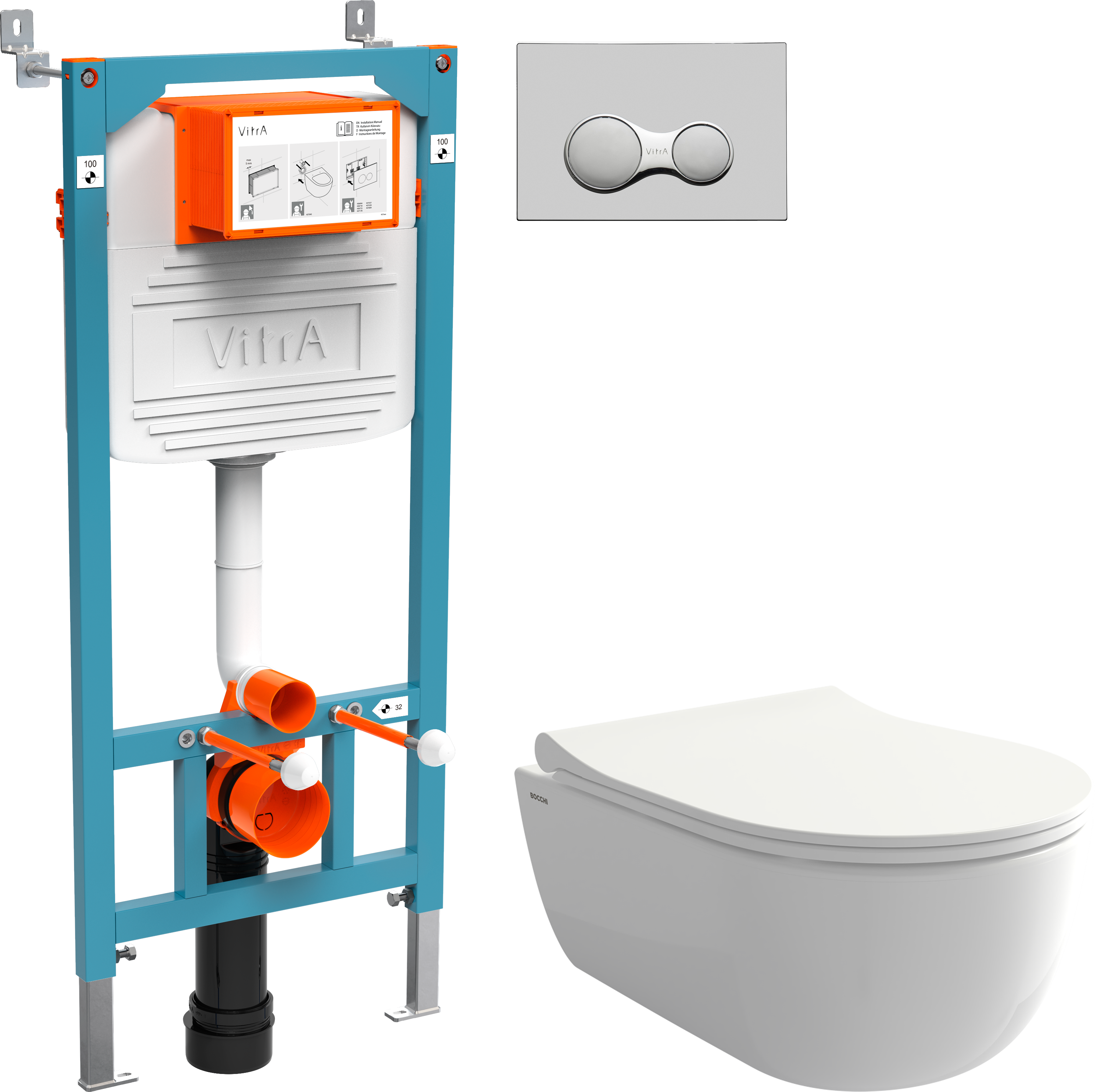 Комплект Унитаз подвесной BOCCHI V-Tondo Rimless 1417-001-0129 белая глянцевая + Крышка A0336-001 с микролифтом, глянцевая белая + Инсталляция VitrA 800-2010 с кнопкой смыва, хром