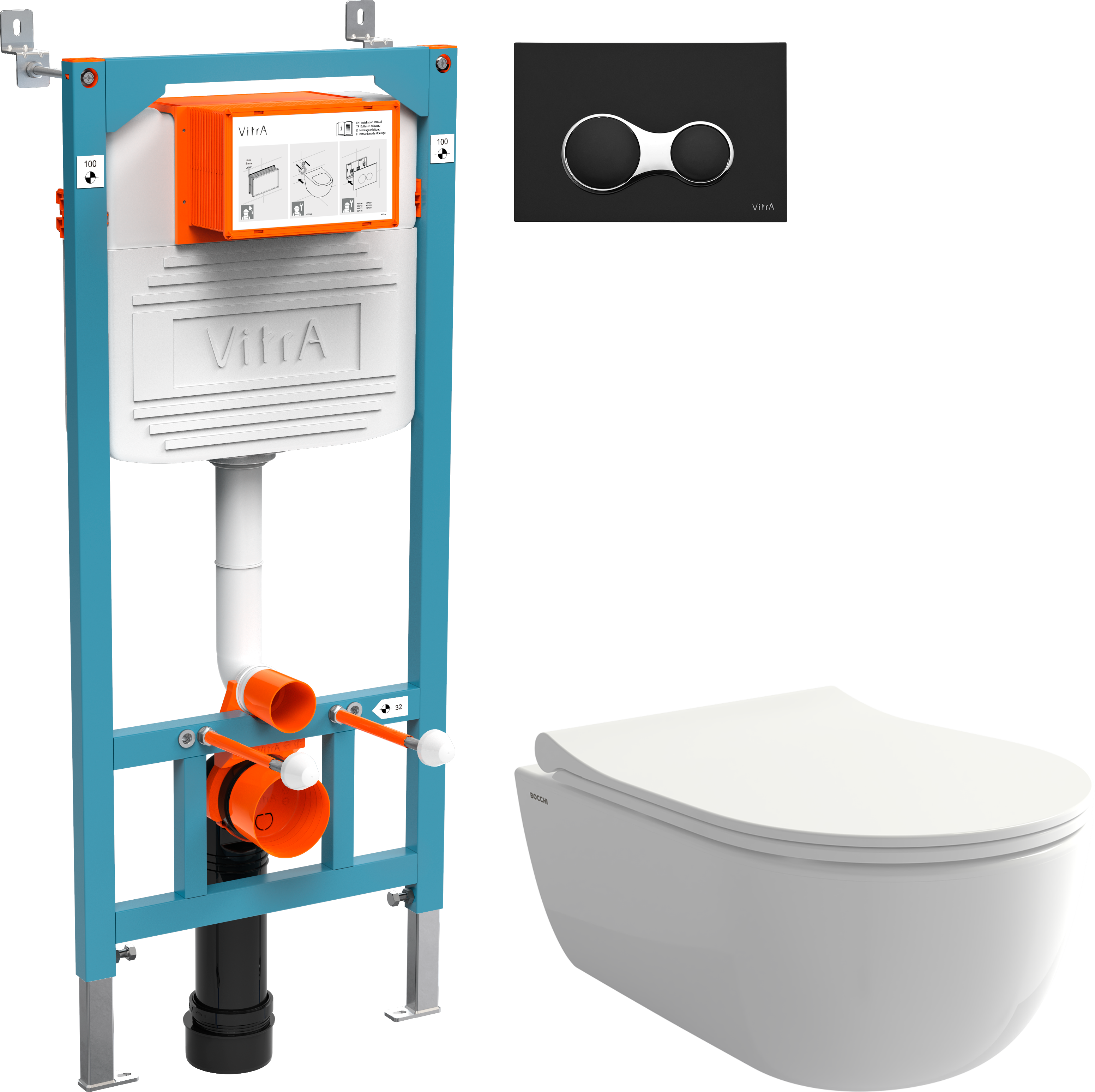 Комплект Унитаз подвесной BOCCHI V-Tondo Rimless 1417-001-0129 белая глянцевая + Крышка A0336-001 с микролифтом, глянцевая белая + Инсталляция VitrA 800-2011 с кнопкой смыва, черной