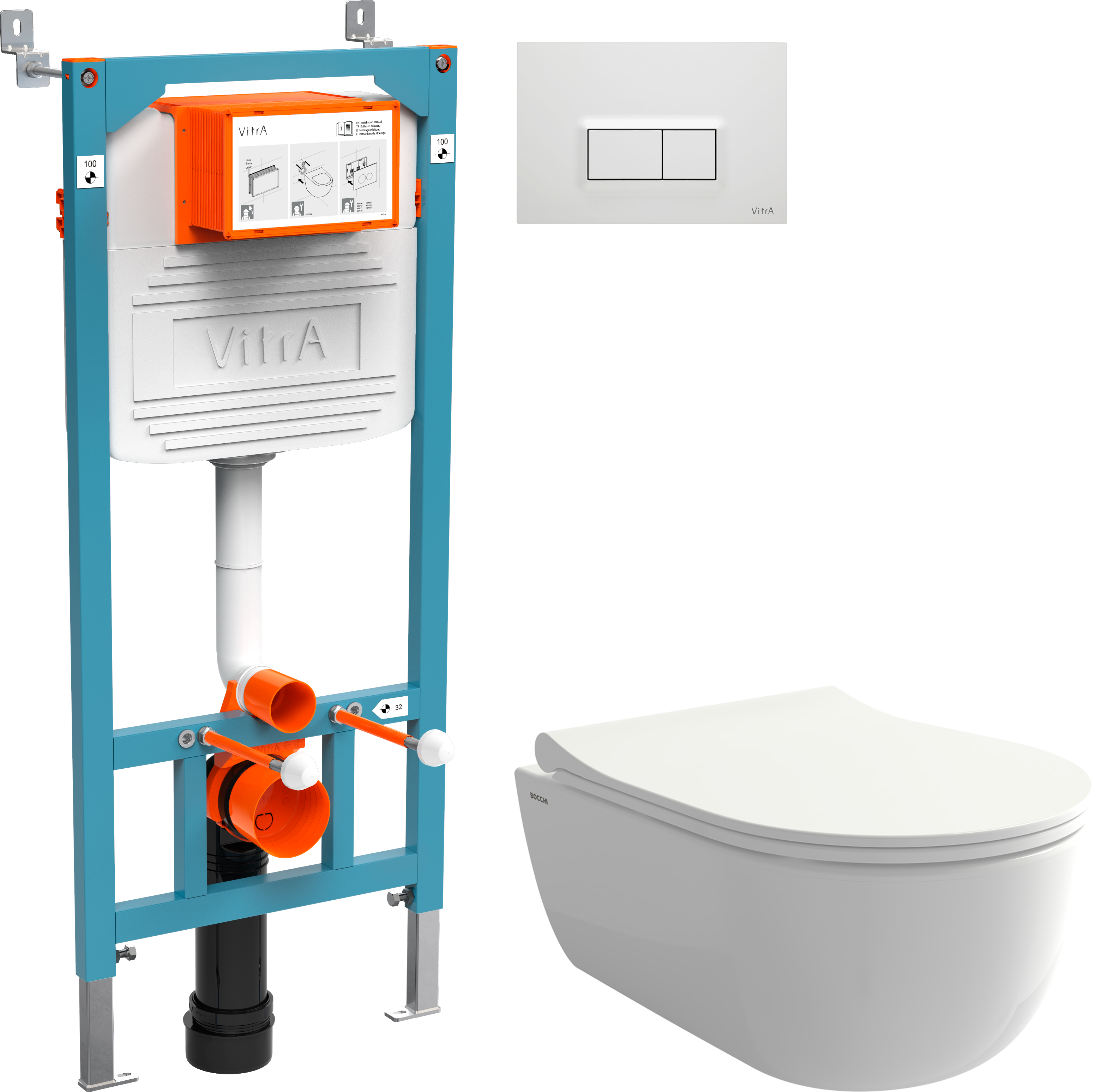 Комплект Унитаз подвесной BOCCHI V-Tondo Rimless 1417-001-0129 белая глянцевая + Крышка A0336-001 с микролифтом, глянцевая белая + Инсталляция VitrA 800-2012 с кнопкой смыва, белая