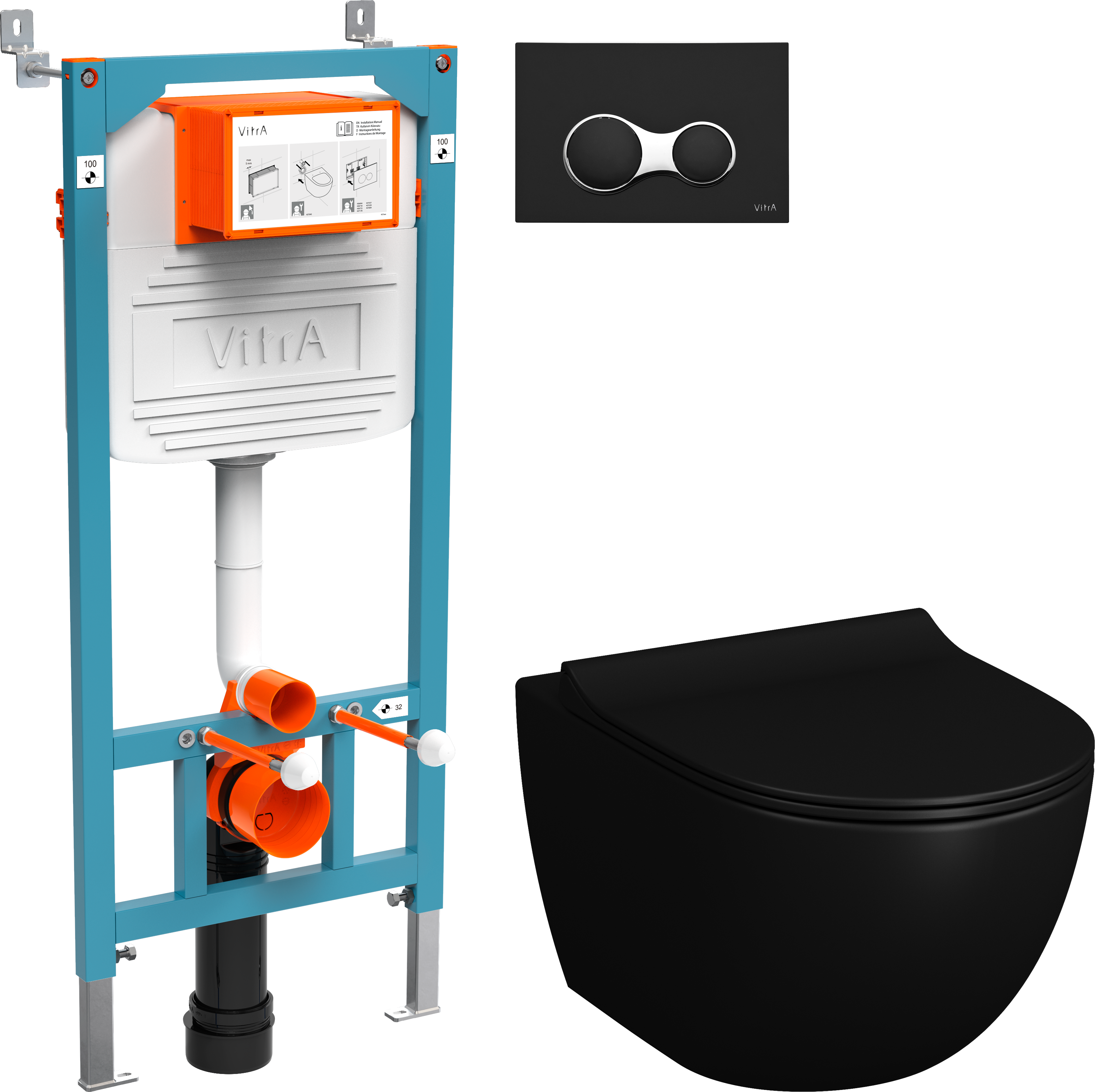 Комплект Унитаз подвесной VitrA Sento 7748B083-0101 безободковая + Крышка 120-083-009 с микролифтом, матовая черная + Инсталляция 800-2011 с кнопкой смыва, черной