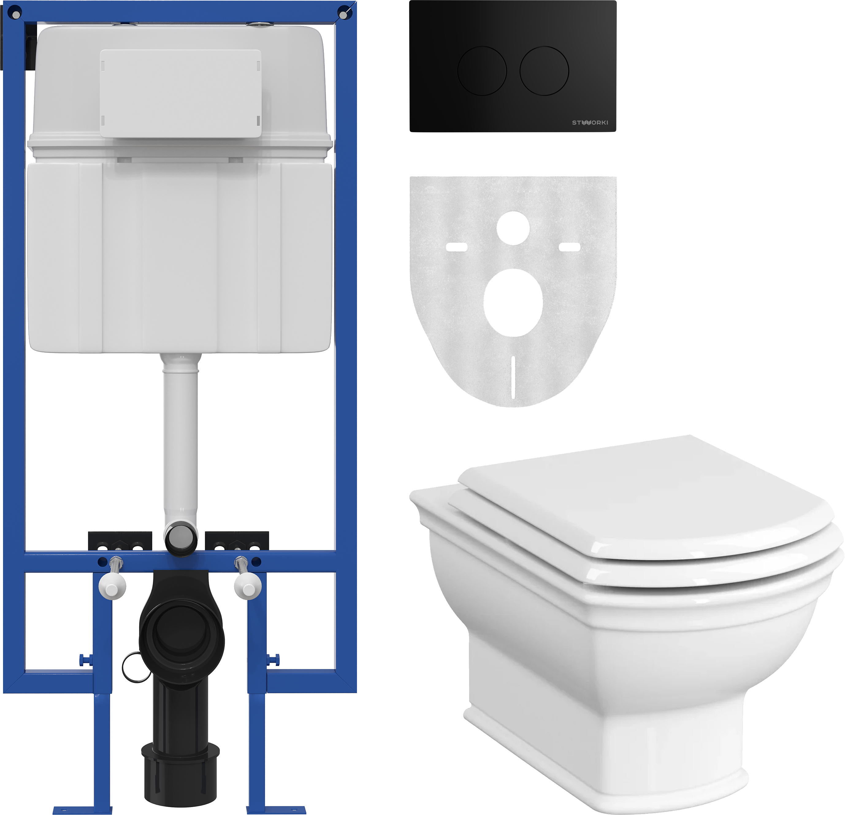 Комплект Унитаз подвесной VitrA Valarte 7805B003-0075 + Крышка 124-003-009 с микролифтом + Инсталляция STWORKI 510163 + Кнопка Хельсинки 500471 черная матовая