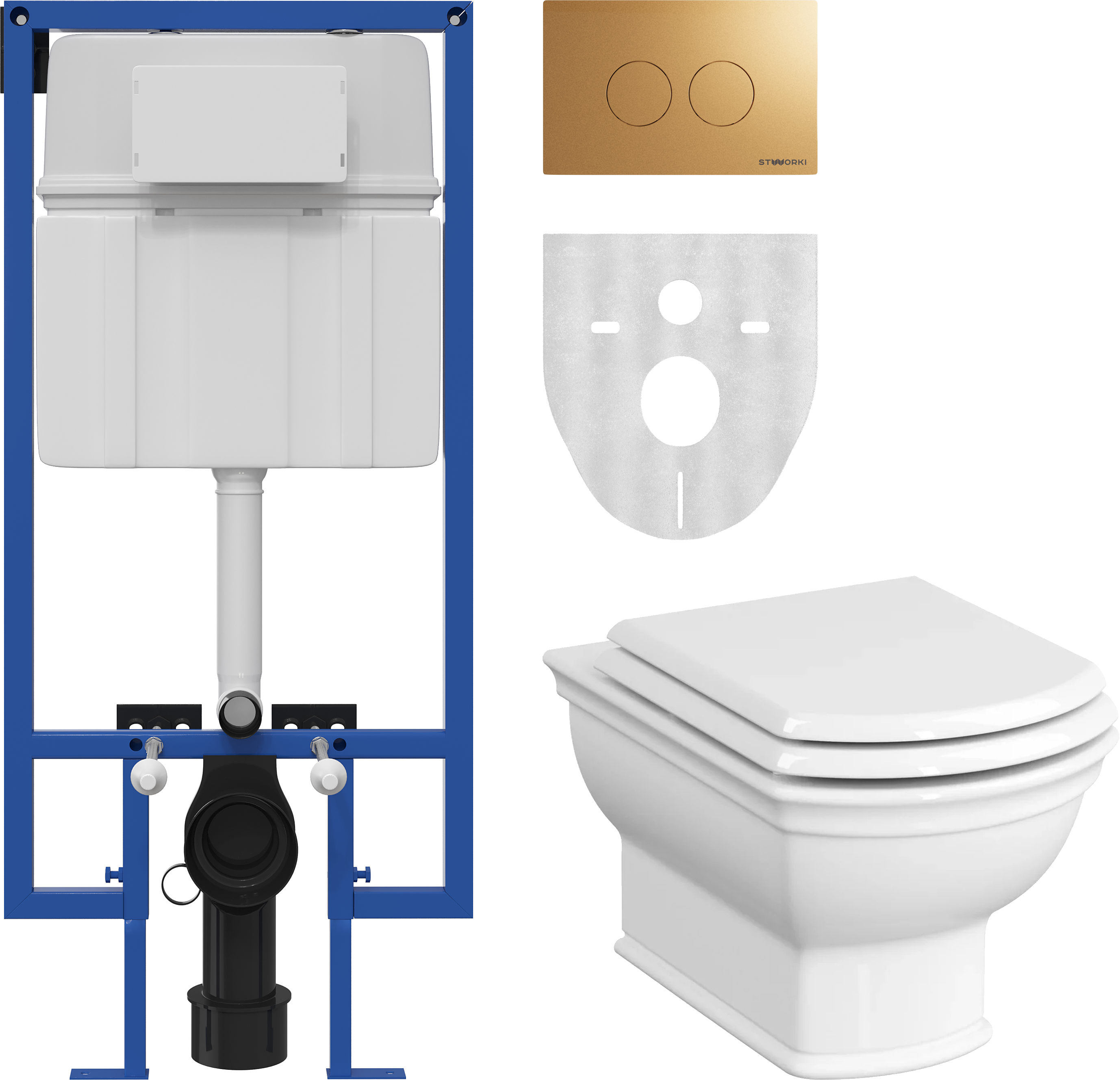 Комплект Унитаз подвесной VitrA Valarte 7805B003-0075 + Крышка 124-003-009 с микролифтом + Инсталляция STWORKI 510163 + Кнопка Хельсинки 500474 золотая матовая
