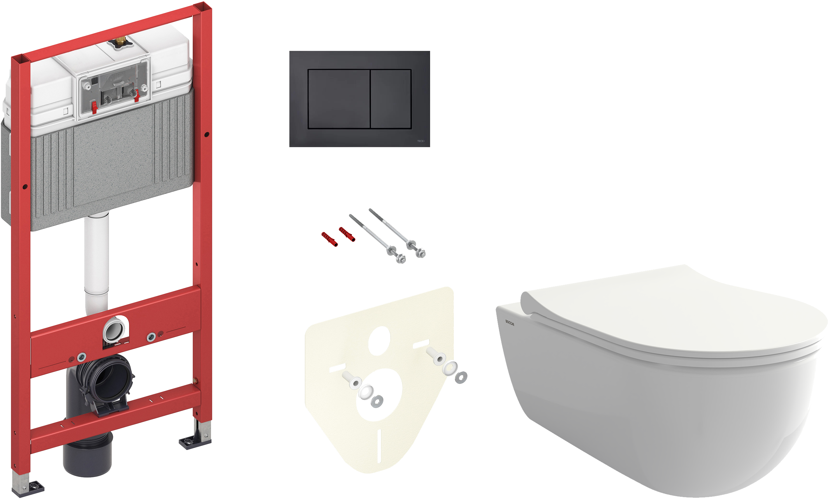 Комплект Унитаз подвесной BOCCHI V-Tondo 1416-001-0129 белый глянцевый + Крышка A0336-001 с микролифтом, глянцевая белая + Инсталляция TECE Now 9400414 4 в 1 с кнопкой смыва