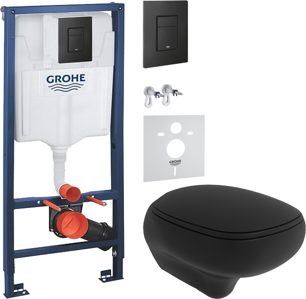 Комплект Унитаз подвесной BOCCHI Fenice черный матовый + Крышка черная матовая, с микролифтом + Звукоизоляция Grohe + Инсталляция Solido 38811KF0 3 в 1 с кнопкой смыва