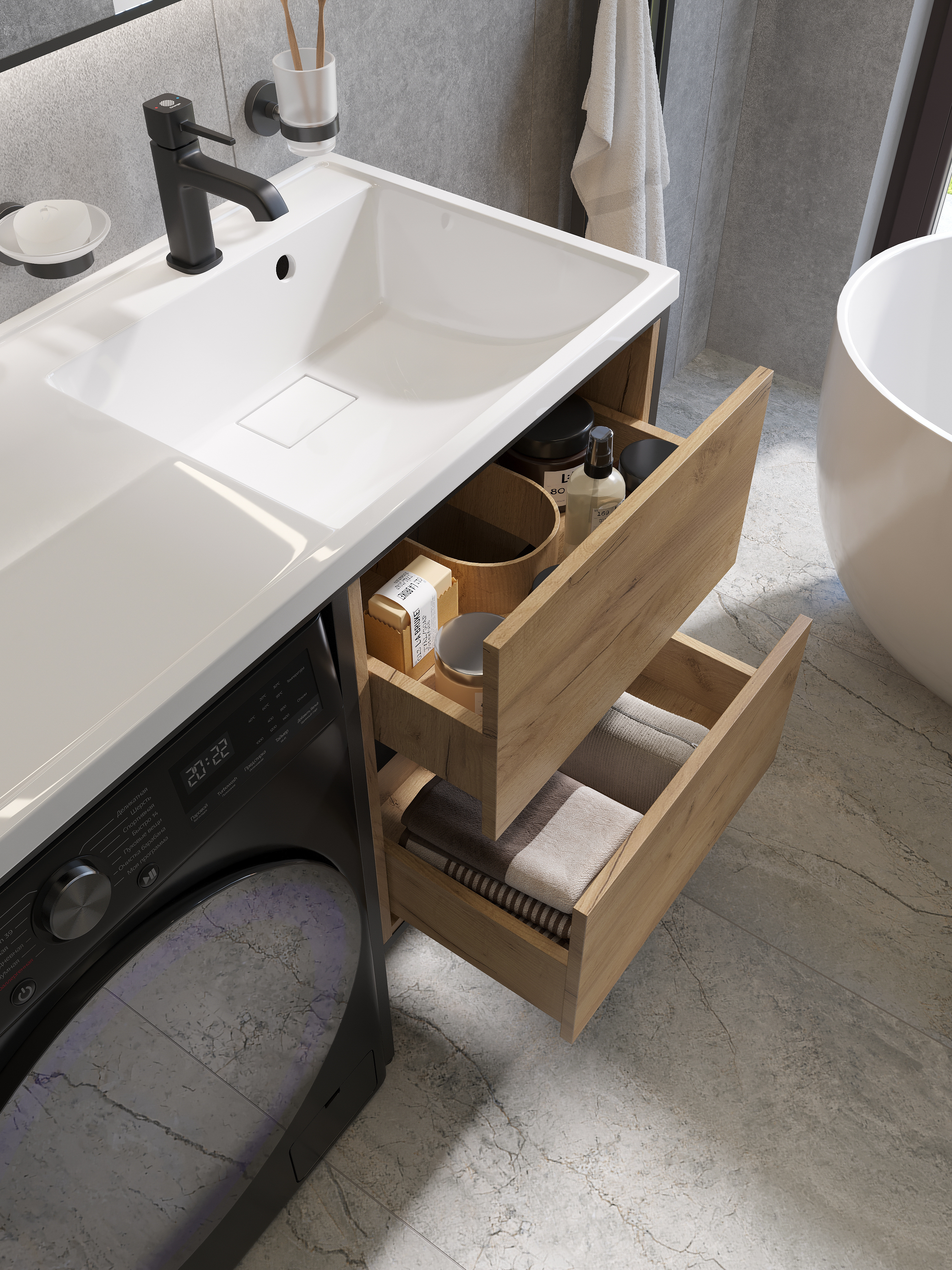 Раковина над стиральной машиной STWORKI Флом 120 R глянцевая белая, прямоугольная, литьевой мрамор, со столешницей слева, с кронштейном