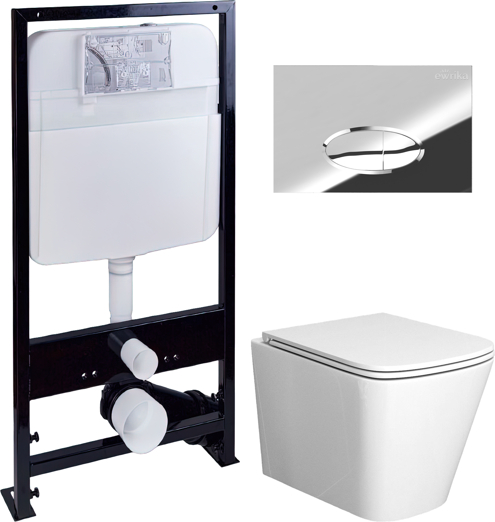Комплект 3 в 1 Унитаз подвесной Bauedge Bau Stil BS0001 с микролифтом, безободковый, белый + Инсталляция EWRIKA ProLT 0026-2020 + Кнопка 0051 цвет хром
