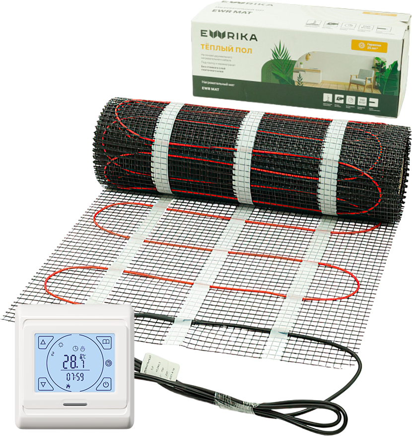 Теплый пол EWRIKA MAT EWR под плитку, на стяжку, 1050 Вт, 7 м2, с терморегулятором, белый, программируемый купить в Тамбове