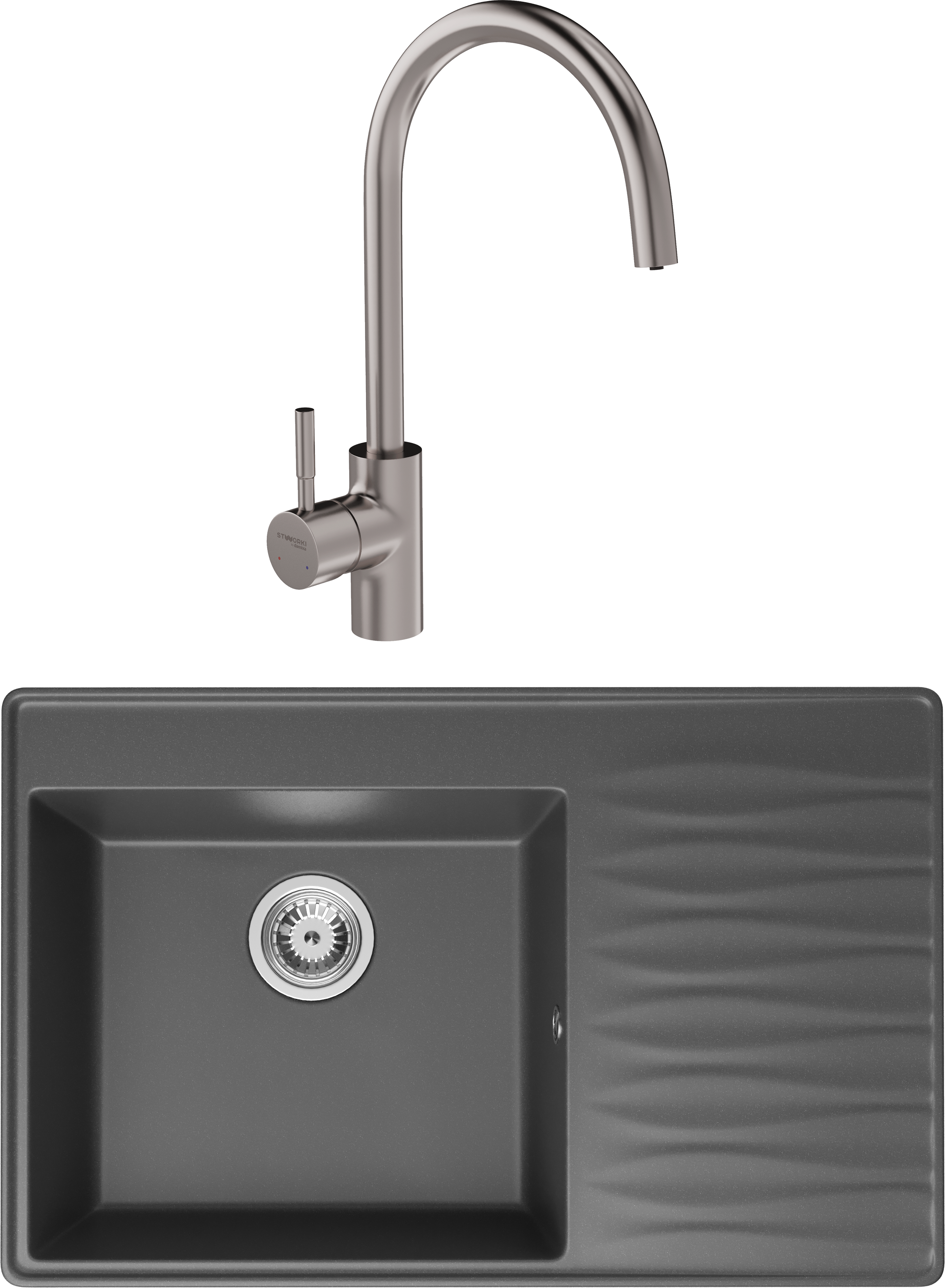 Комплект Мойка кухонная Domaci Римини DG 79-503 серая + Смеситель STWORKI HSTW07200 никель