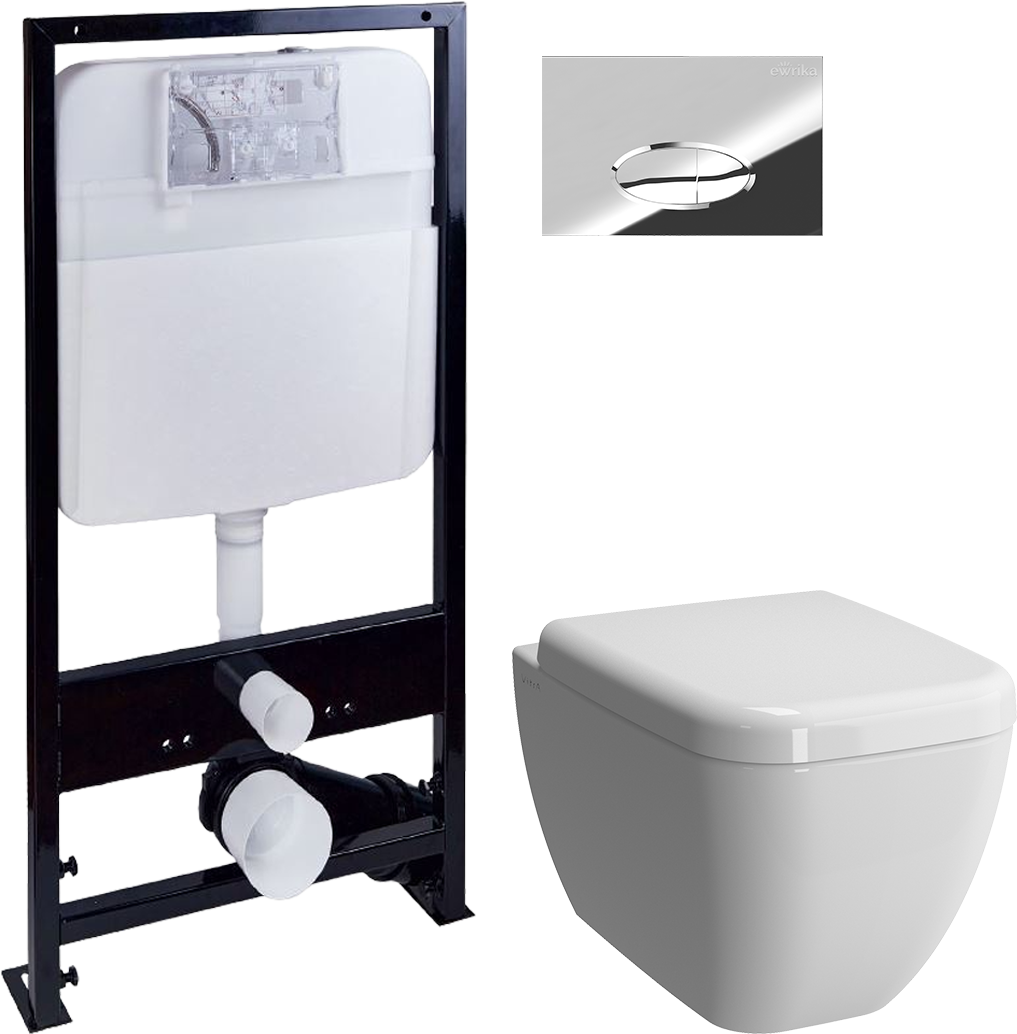Комплект 4 в 1 Унитаз подвесной VitrA Shift 7742B003-0075, белая глянцевая + Сиденье 91-003-009, с микролифтом, петли хром + Инсталляция EWRIKA ProLT 0026-2020 + Кнопка 0051 цвет хром