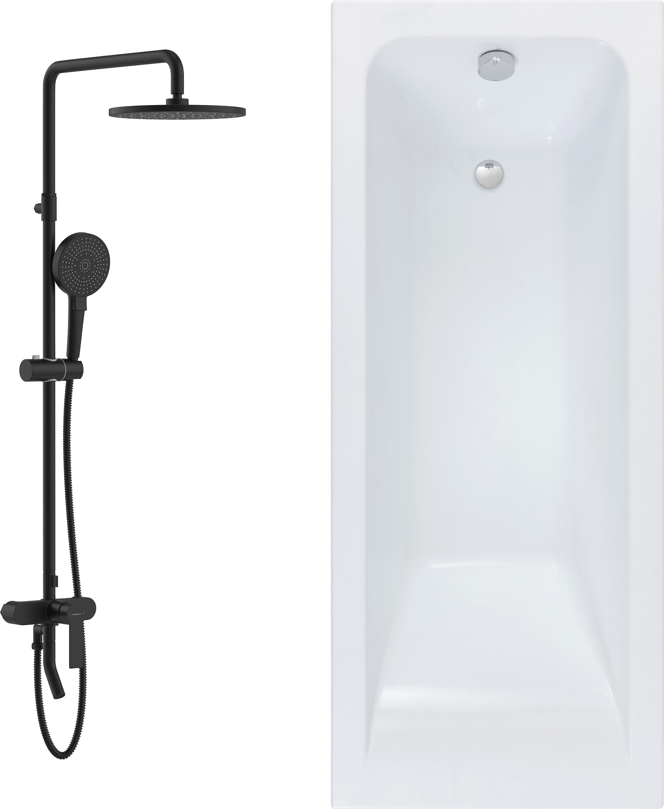 Комплект Акриловая ванна STWORKI Стокгольм 180x70 см, с каркасом + Стойка HWB0501-P01BK черная матовая