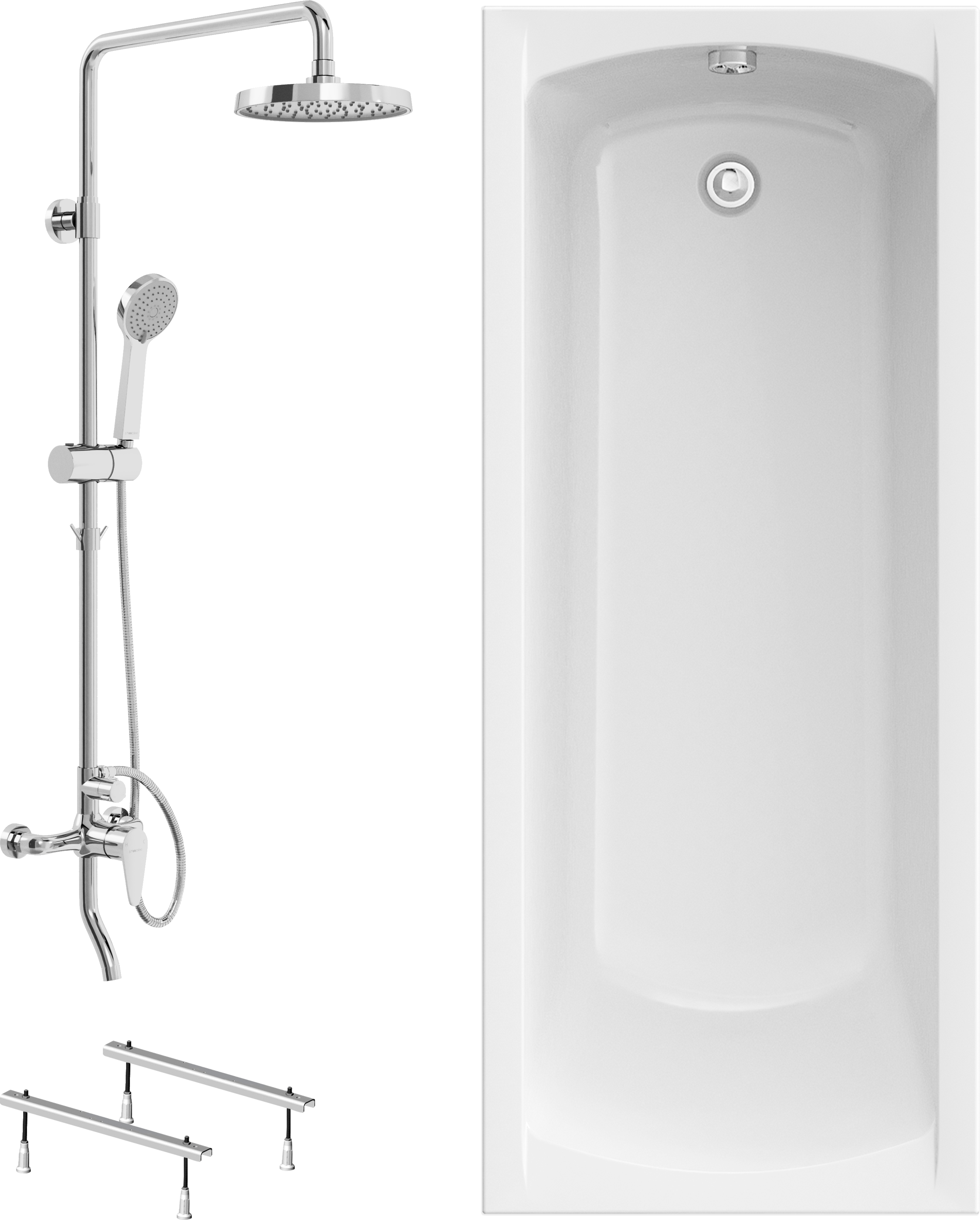 Комплект Акриловая ванна STWORKI Эстерсунд ES17570 без опоры 175x70 см, пристенная, белая + Ножки ESK01 + Стойка Мосс HDB228LY