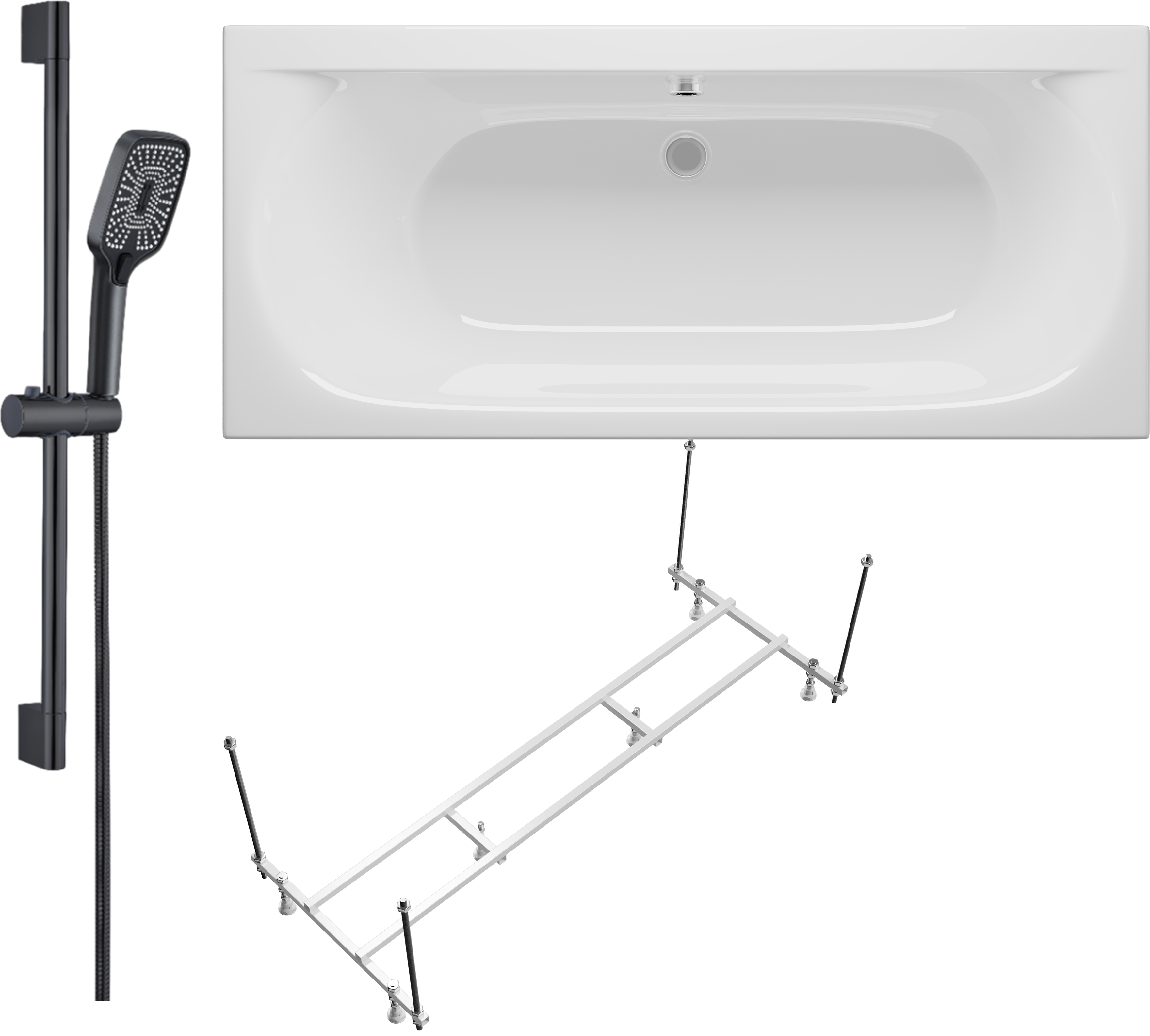Комплект Акриловая ванна STWORKI Хадстен SW1016075028 без опоры 180x80 см, пристенная, белая + Каркас SW5018080052 180 + Гарнитур Готланд WH628-MB черный матовый
