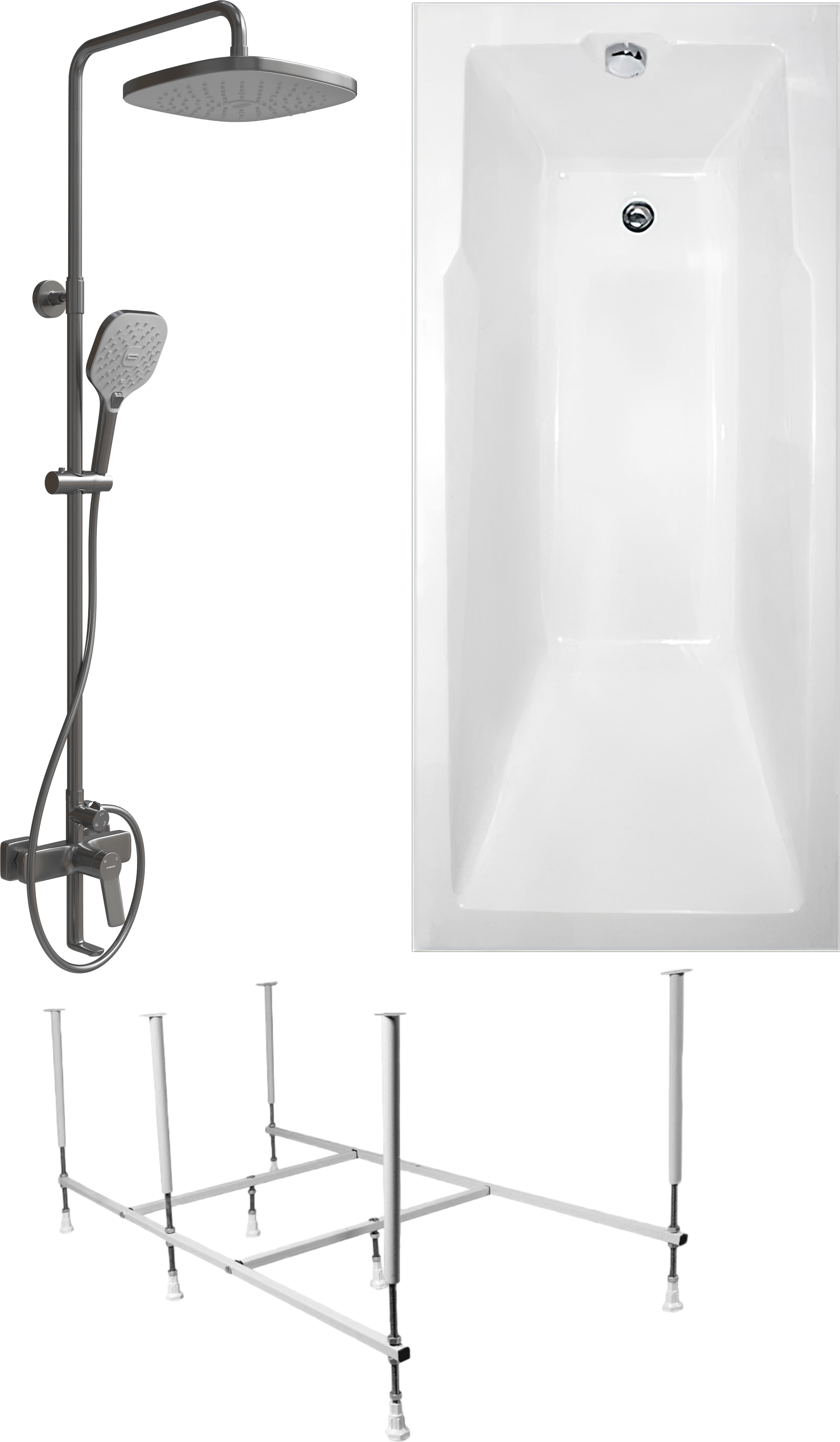 Комплект Акриловая ванна STWORKI Копенгаген KP19090 без опоры 190x90 см, пристенная, белая + Каркас 190 + Стойка Ларвик HWB0502-P01GD вороненая сталь