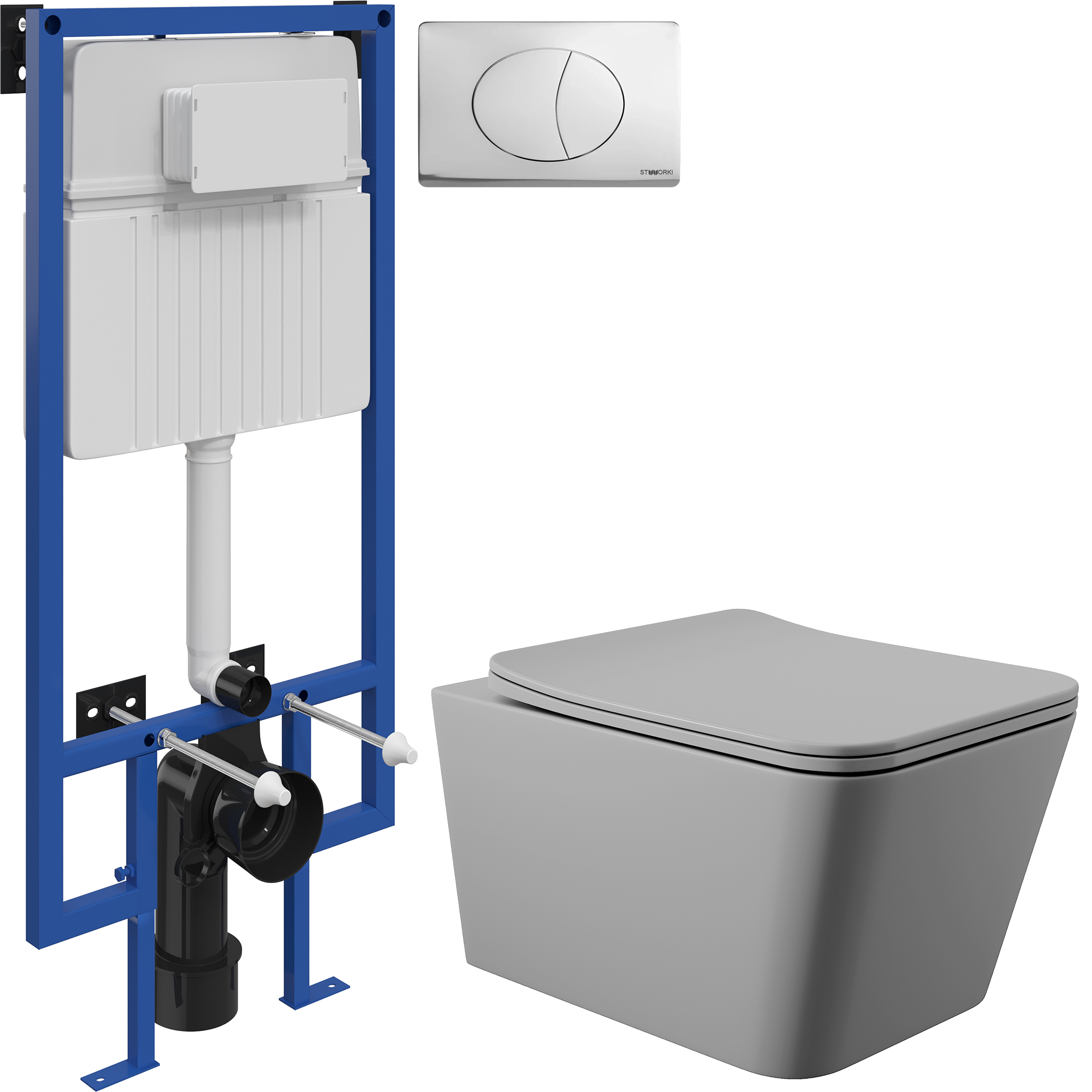 Комплект 3 в 1 Унитаз подвесной Aqueduto Macio MAC0130 + Инсталляция STWORKI 510162 + Кнопка 230822 цвет глянцевый хром