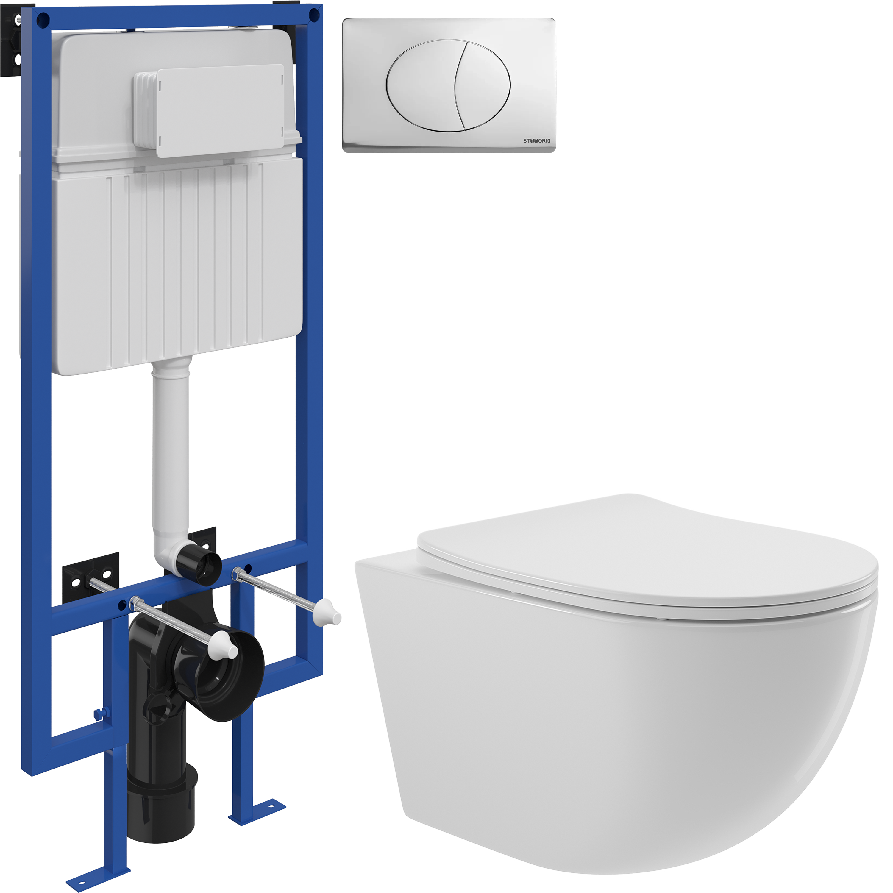 Комплект 3 в 1 Унитаз подвесной Aqueduto Ovo OVO0110 + Инсталляция STWORKI 510162 + Кнопка 230822