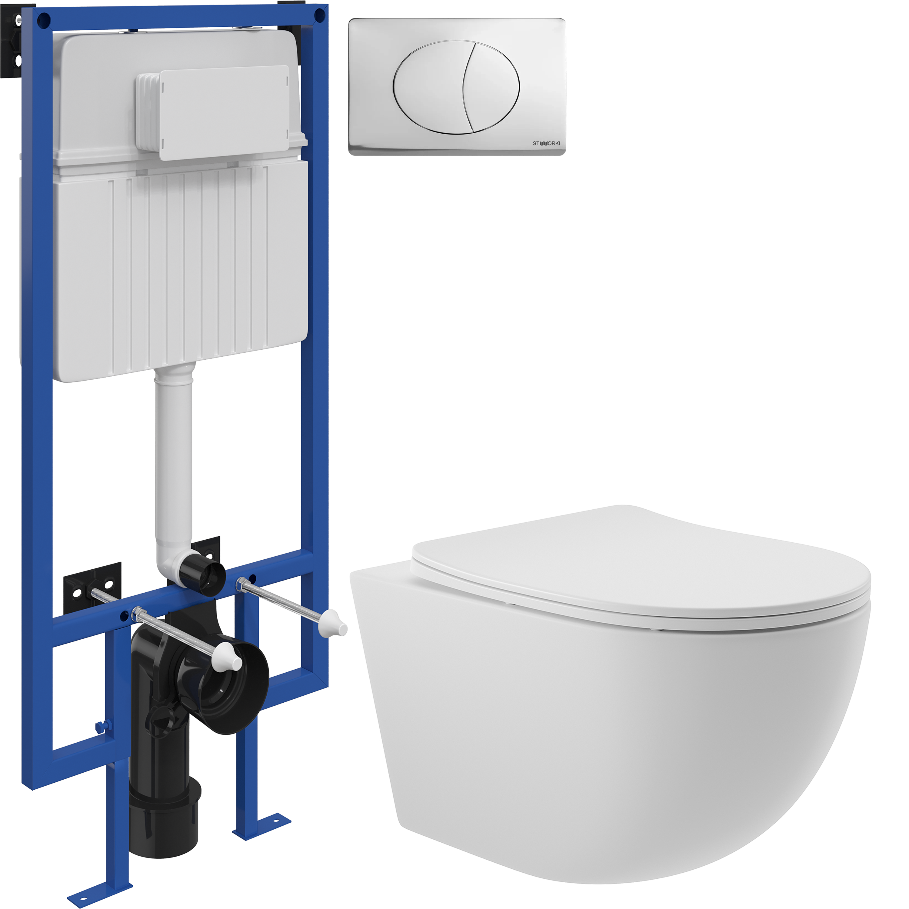 Комплект 3 в 1 Унитаз подвесной Aqueduto Ovo OVO0120 + Инсталляция STWORKI 510162 + Кнопка 230822 цвет глянцевый хром