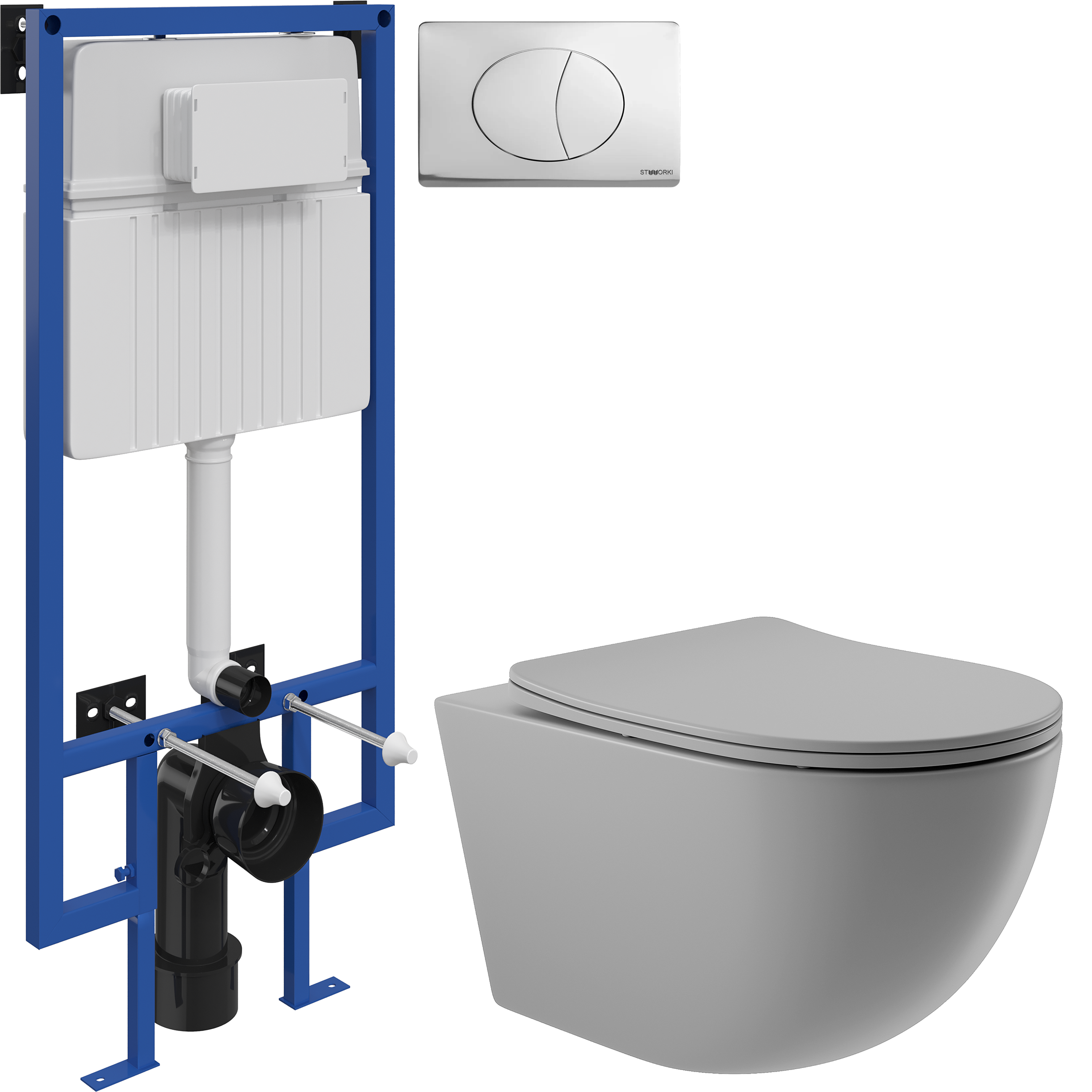 Комплект 3 в 1 Унитаз подвесной Aqueduto Ovo OVO0130 + Инсталляция STWORKI 510162 + Кнопка 230822 цвет глянцевый хром