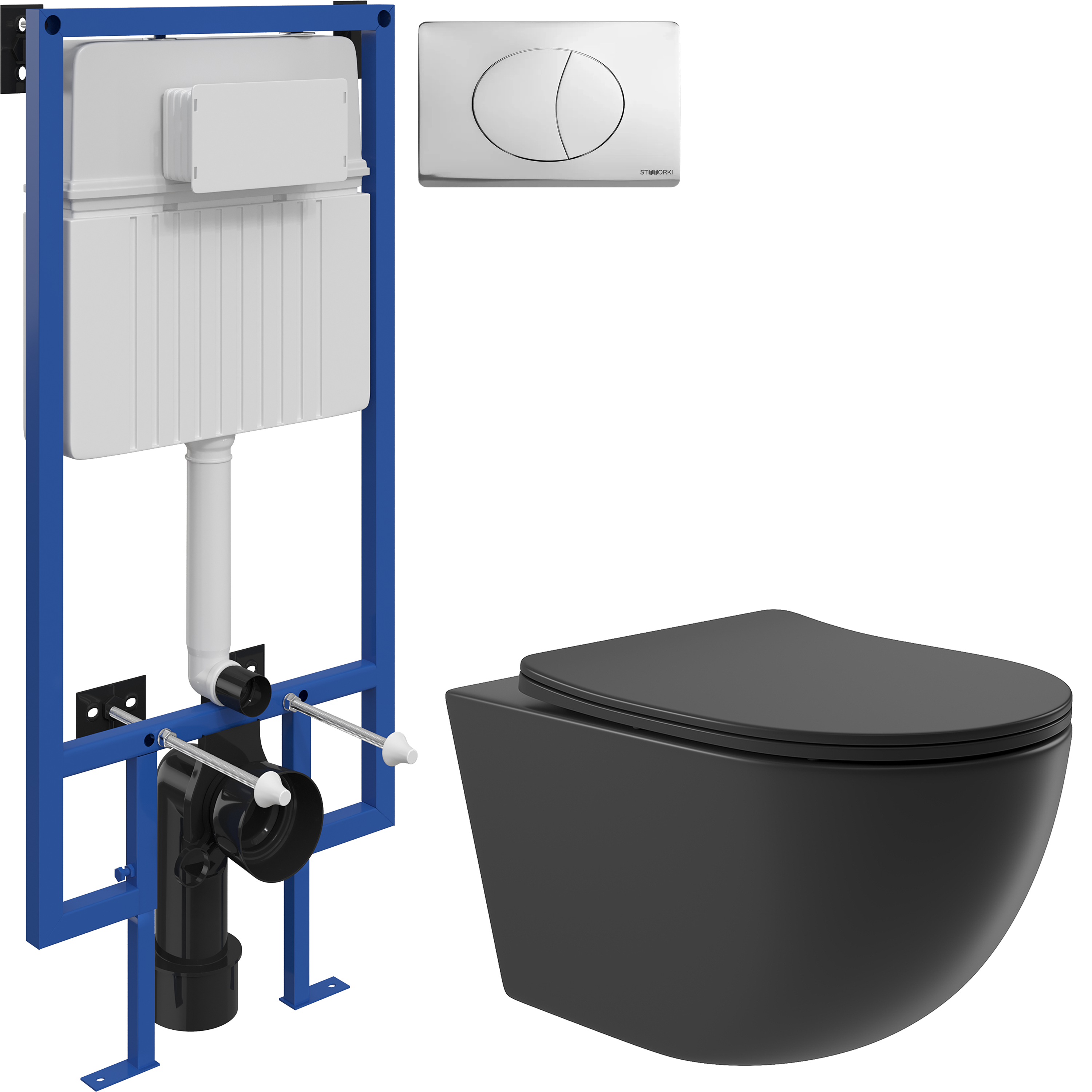 Комплект 3 в 1 Унитаз подвесной Aqueduto Ovo OVO0140 + Инсталляция STWORKI 510162 + Кнопка 230822 цвет глянцевый хром