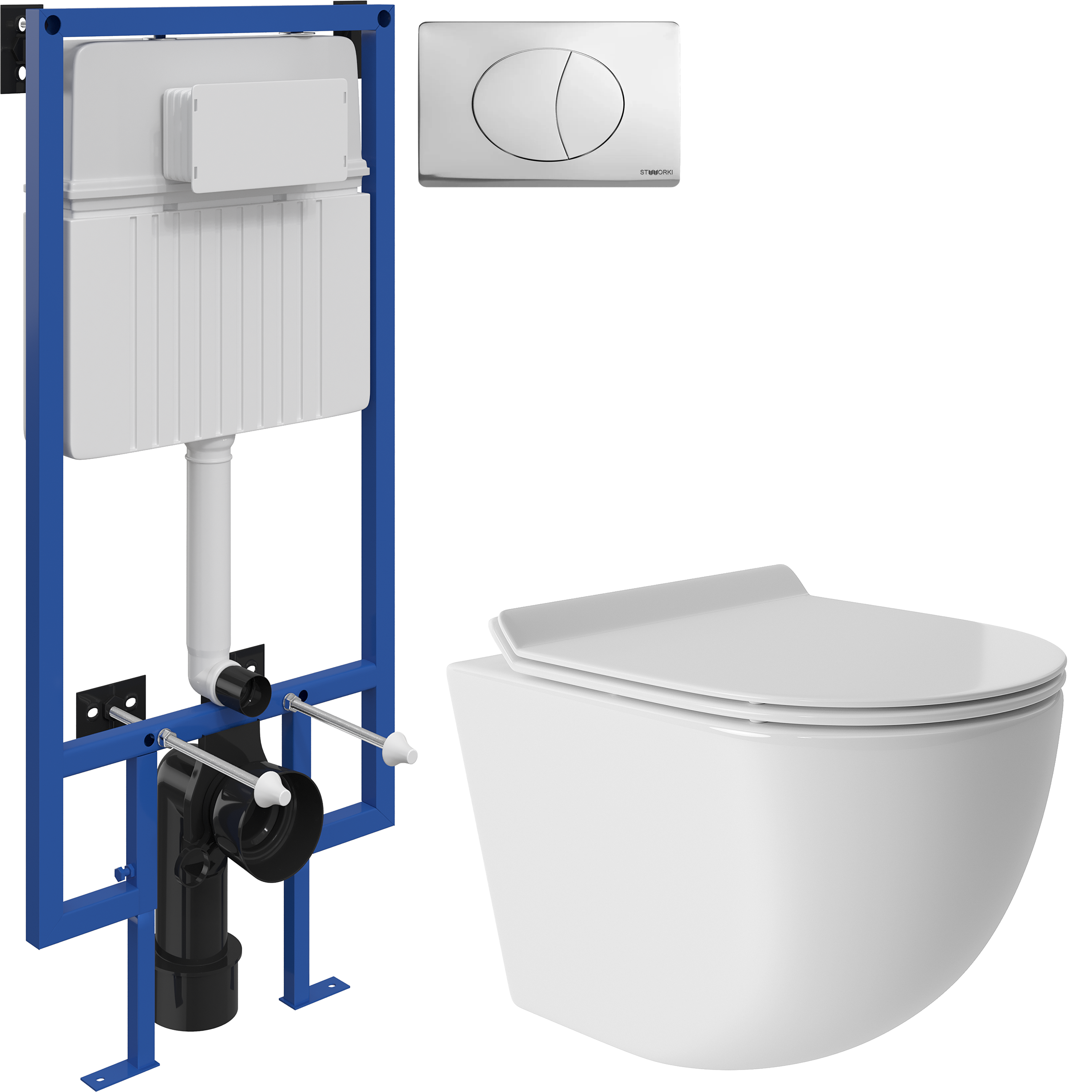 Комплект 3 в 1 Унитаз подвесной Aqueduto Ovo Tornado OVOT0110 + Инсталляция STWORKI 510162 + Кнопка 230822 цвет глянцевый хром