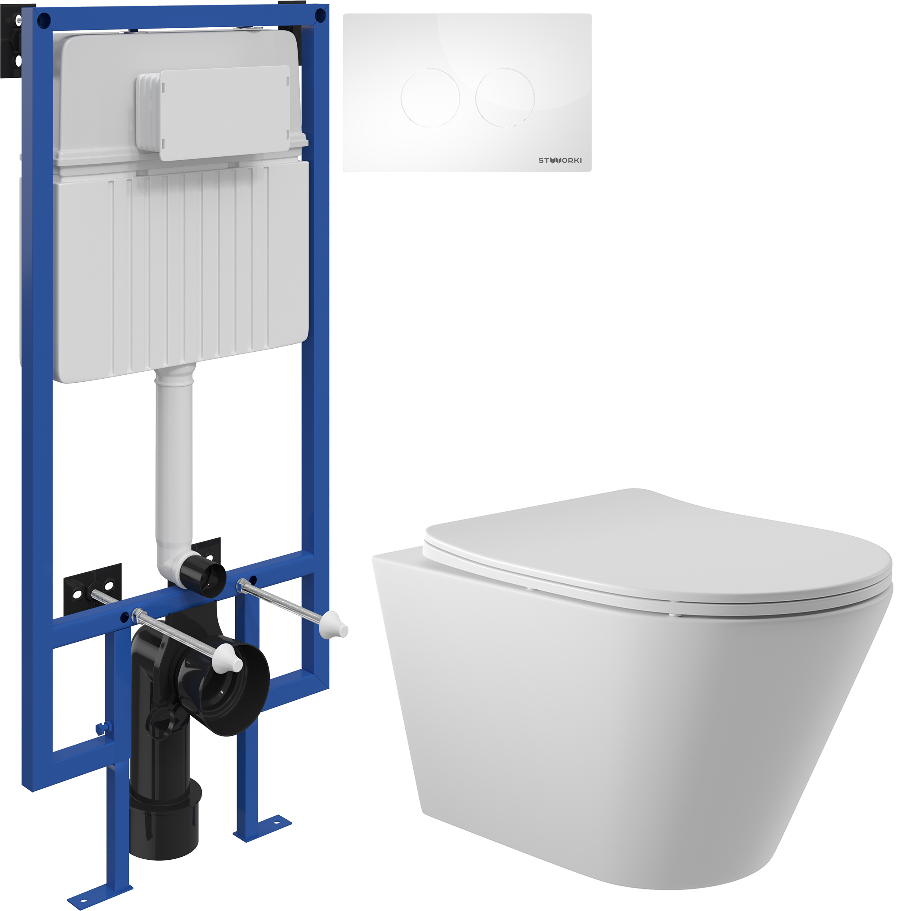 Комплект 3 в 1 Унитаз подвесной Aqueduto Cone CON0120 + Инсталляция STWORKI 510162 + Кнопка Хельсинки 500470 цвет глянцевый белый