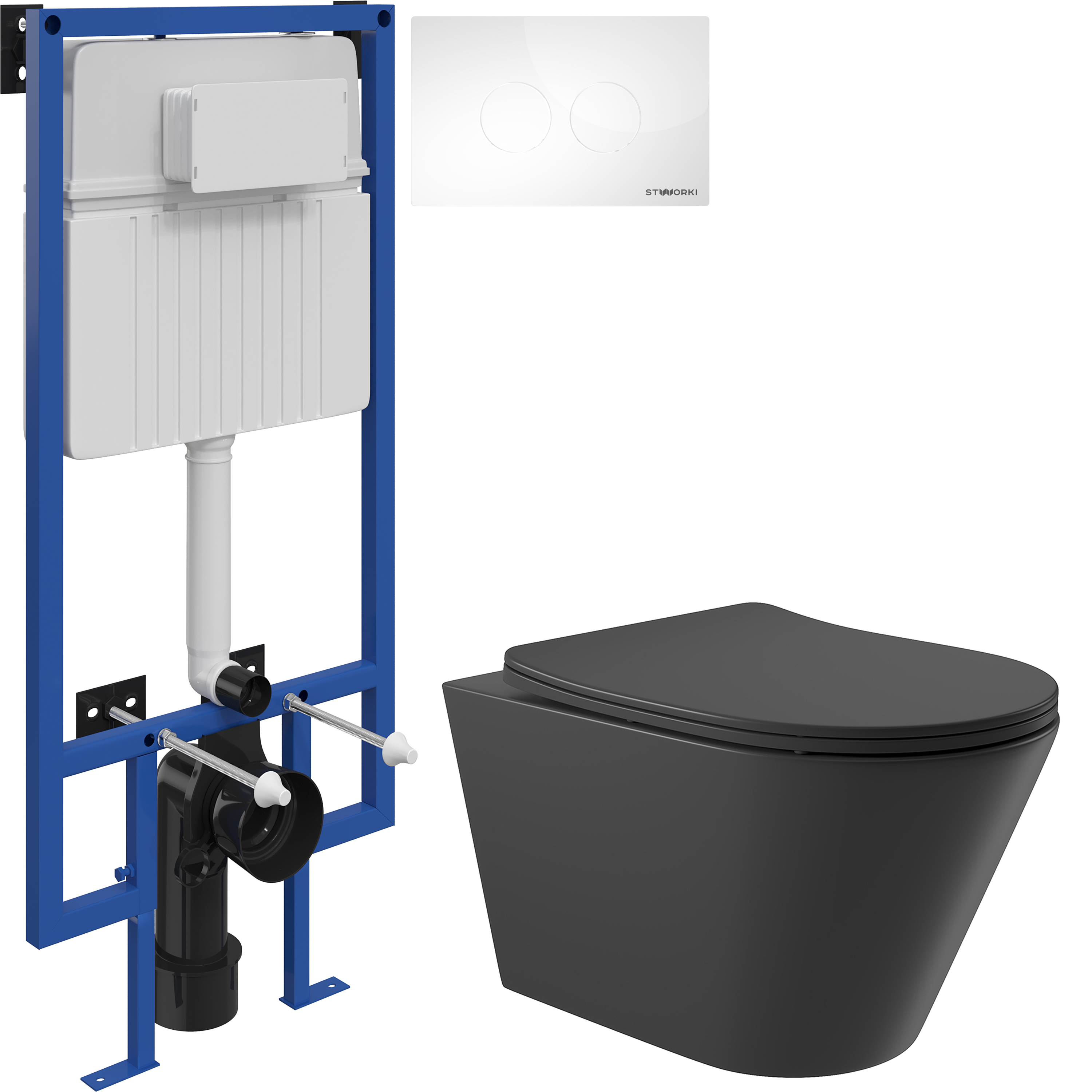 Комплект 3 в 1 Унитаз подвесной Aqueduto Cone CON0140 + Инсталляция STWORKI 510162 + Кнопка Хельсинки 500470 цвет глянцевый белый