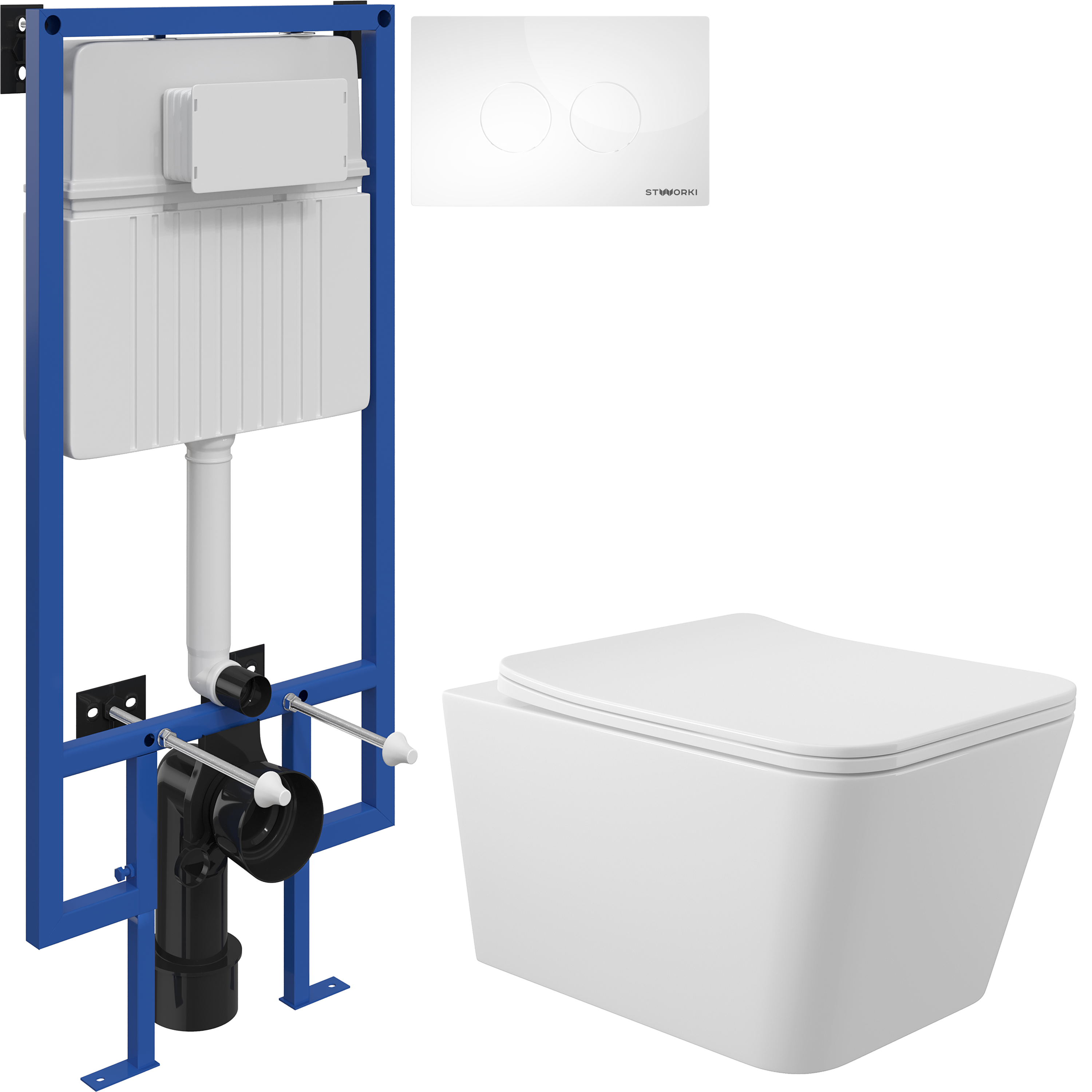 Комплект 3 в 1 Унитаз подвесной Aqueduto Macio MAC0110 + Инсталляция STWORKI 510162 + Кнопка Хельсинки 500470 цвет глянцевый белый