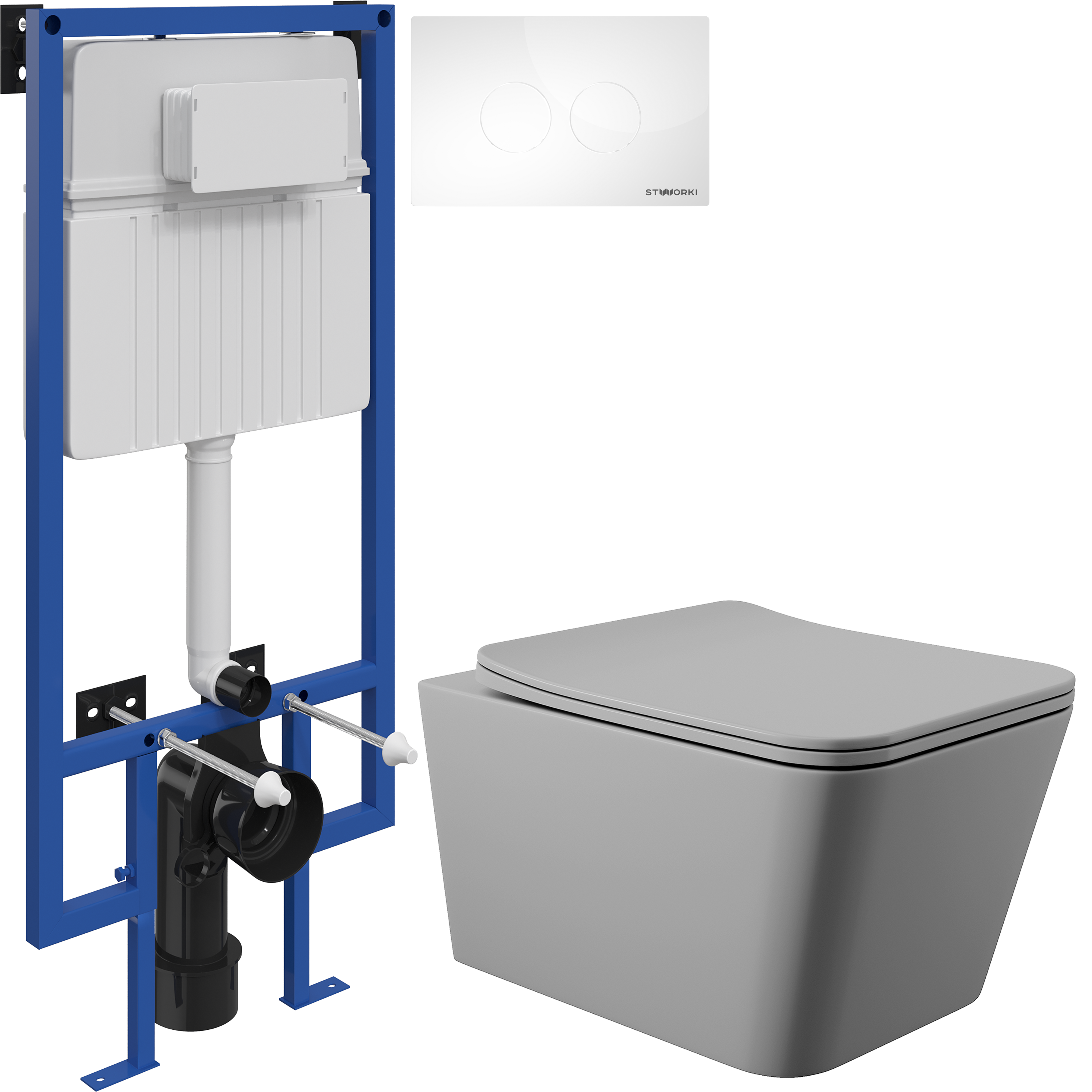 Комплект 3 в 1 Унитаз подвесной Aqueduto Macio MAC0130 + Инсталляция STWORKI 510162 + Кнопка Хельсинки 500470 цвет глянцевый белый