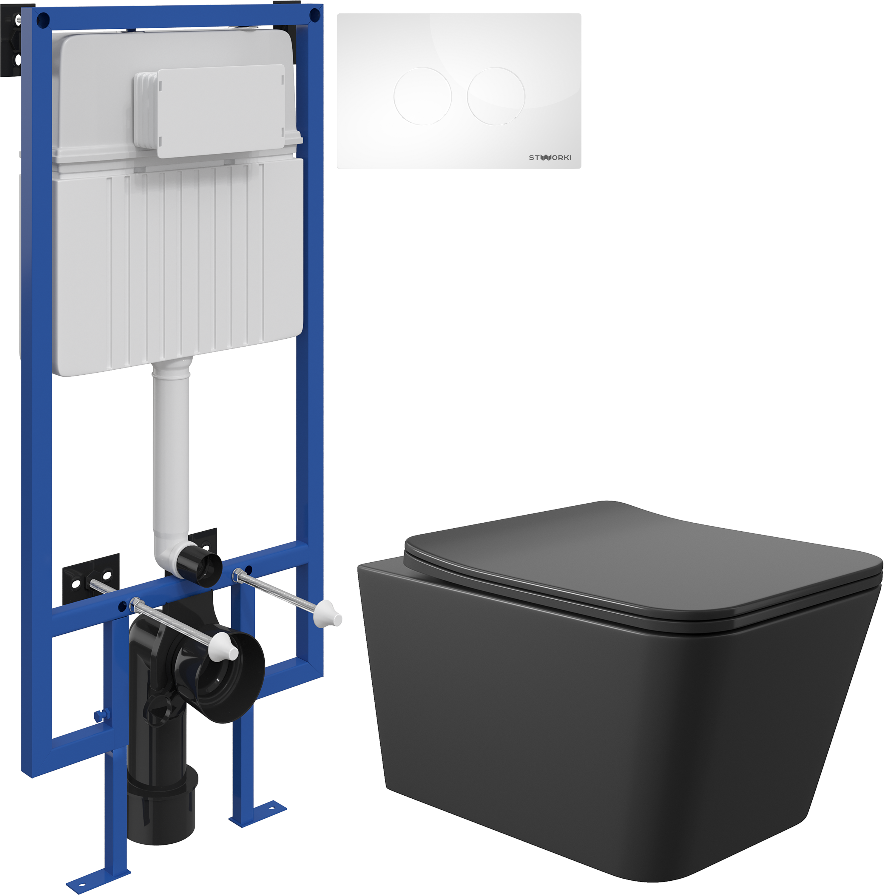 Комплект 3 в 1 Унитаз подвесной Aqueduto Macio MAC0140 + Инсталляция STWORKI 510162 + Кнопка Хельсинки 500470 цвет глянцевый белый