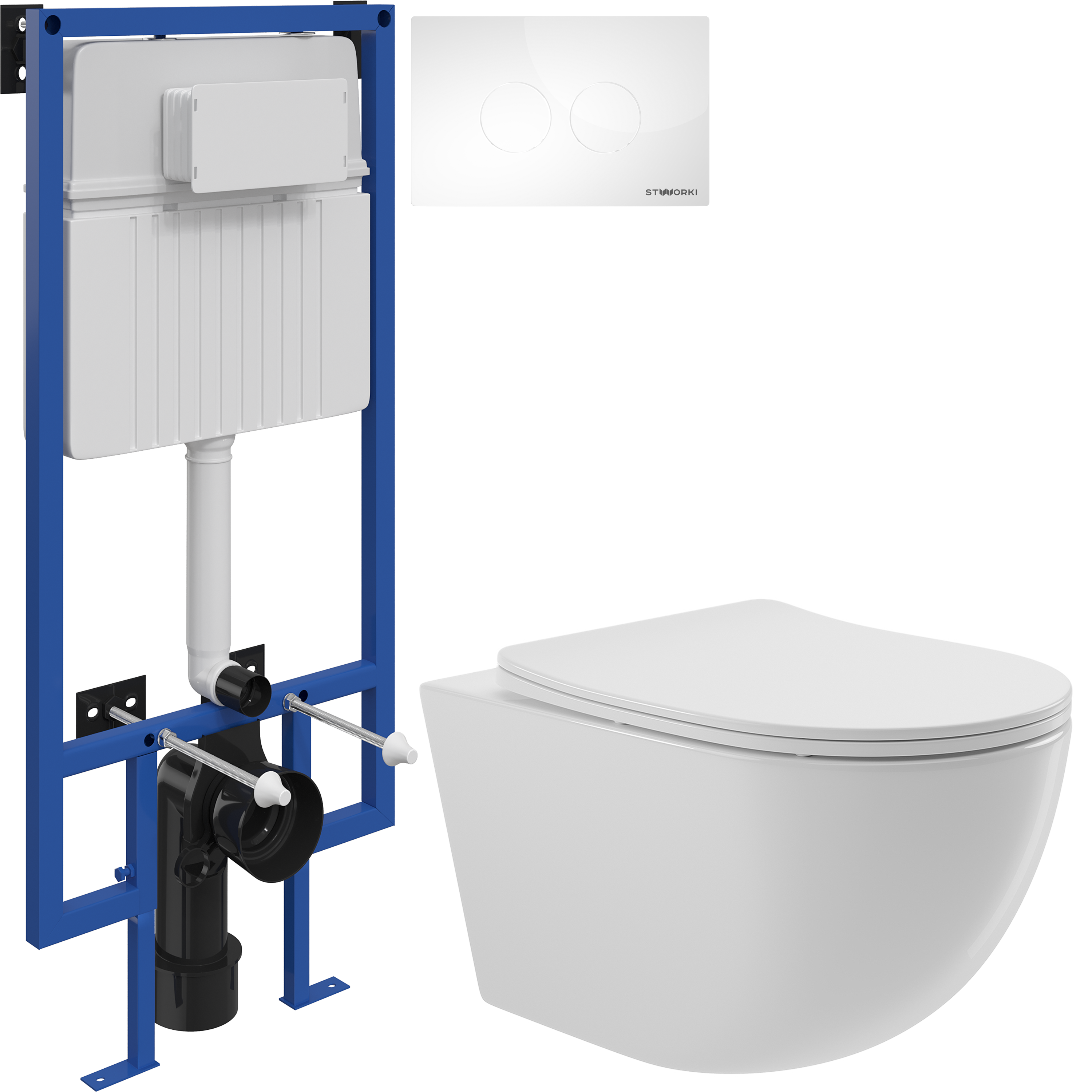 Комплект 3 в 1 Унитаз подвесной Aqueduto Ovo OVO0110 + Инсталляция STWORKI 510162 + Кнопка Хельсинки 500470 цвет глянцевый белый