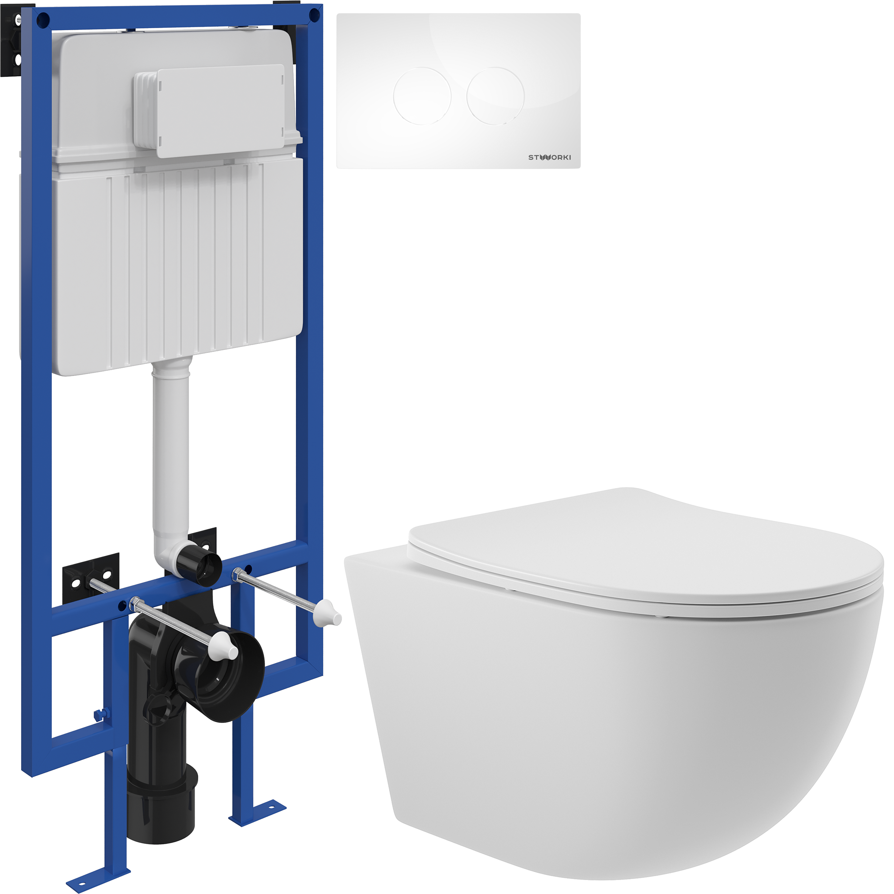 Комплект 3 в 1 Унитаз подвесной Aqueduto Ovo OVO0120 + Инсталляция STWORKI 510162 + Кнопка Хельсинки 500470 цвет глянцевый белый