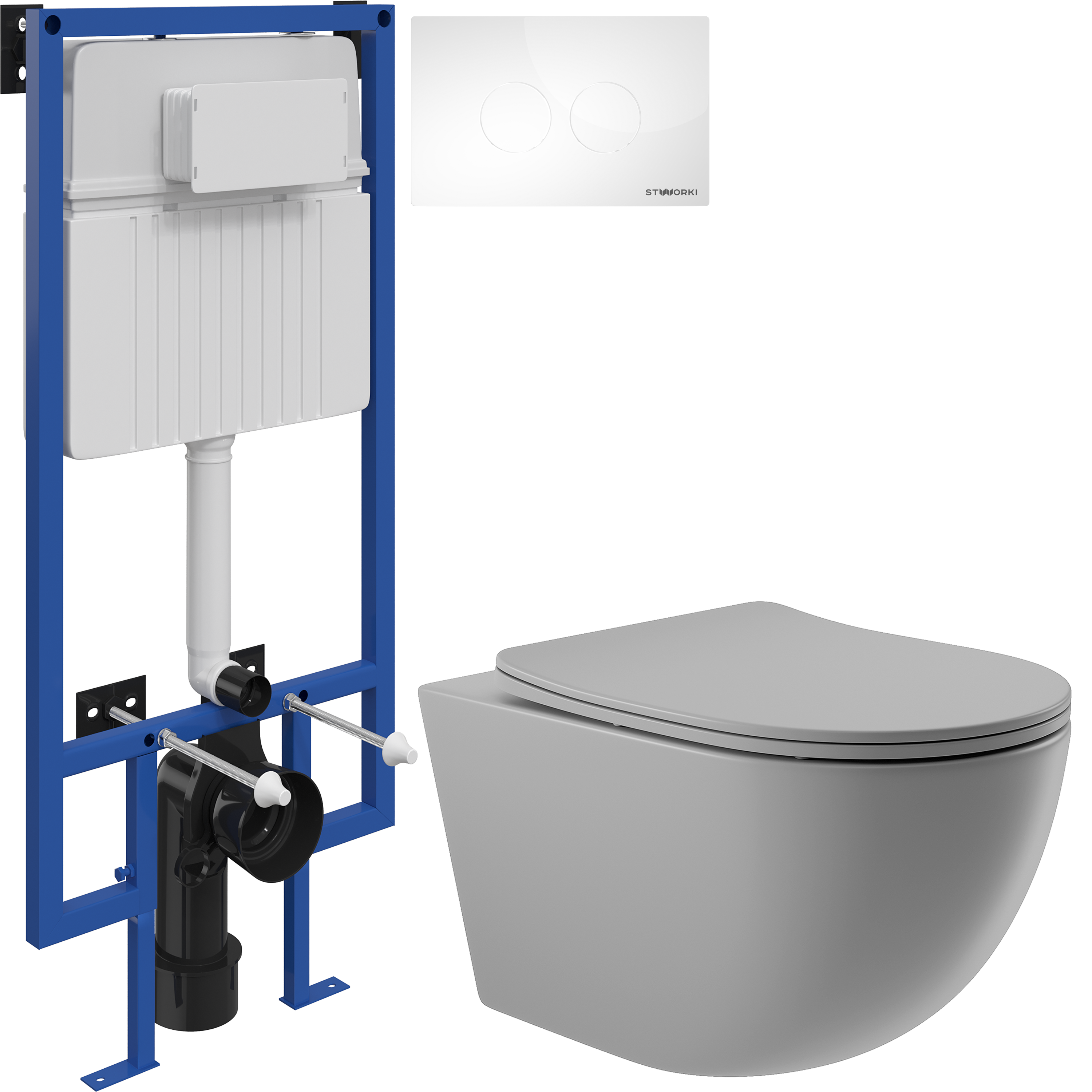 Комплект 3 в 1 Унитаз подвесной Aqueduto Ovo OVO0130 + Инсталляция STWORKI 510162 + Кнопка Хельсинки 500470 цвет глянцевый белый