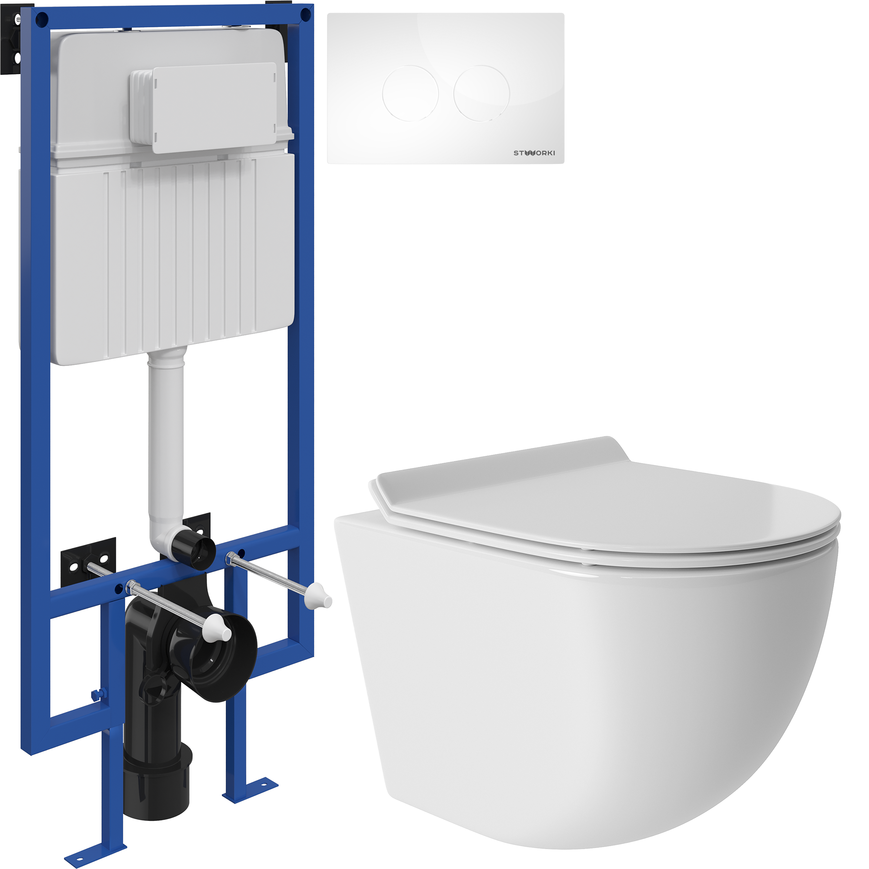 Комплект 3 в 1 Унитаз подвесной Aqueduto Ovo Tornado OVOT0110 + Инсталляция STWORKI 510162 + Кнопка Хельсинки 500470 цвет глянцевый белый