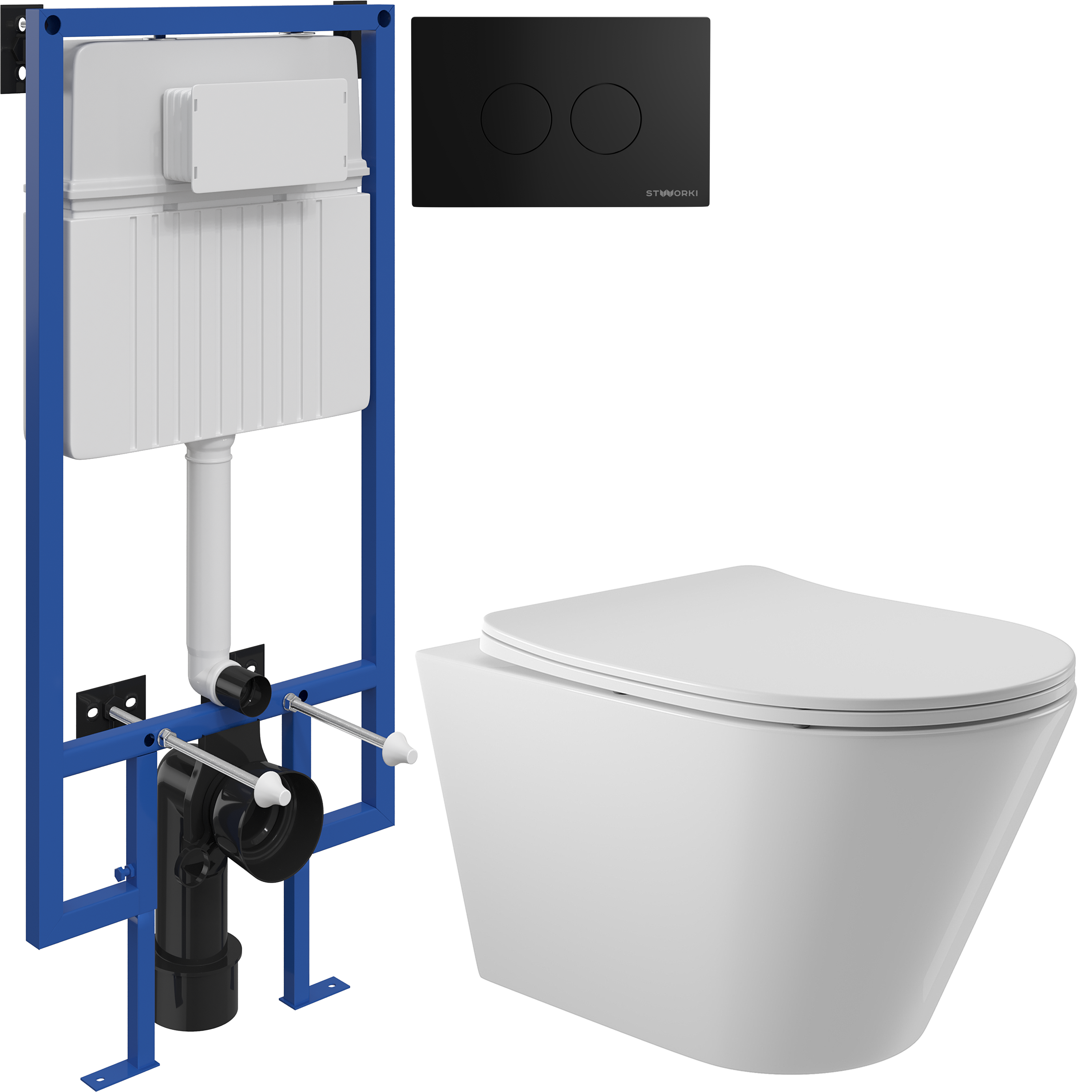 Комплект 3 в 1 Унитаз подвесной Aqueduto Cone CON0110 + Инсталляция STWORKI 510162 + Кнопка Хельсинки 500471 цвет матовый черный