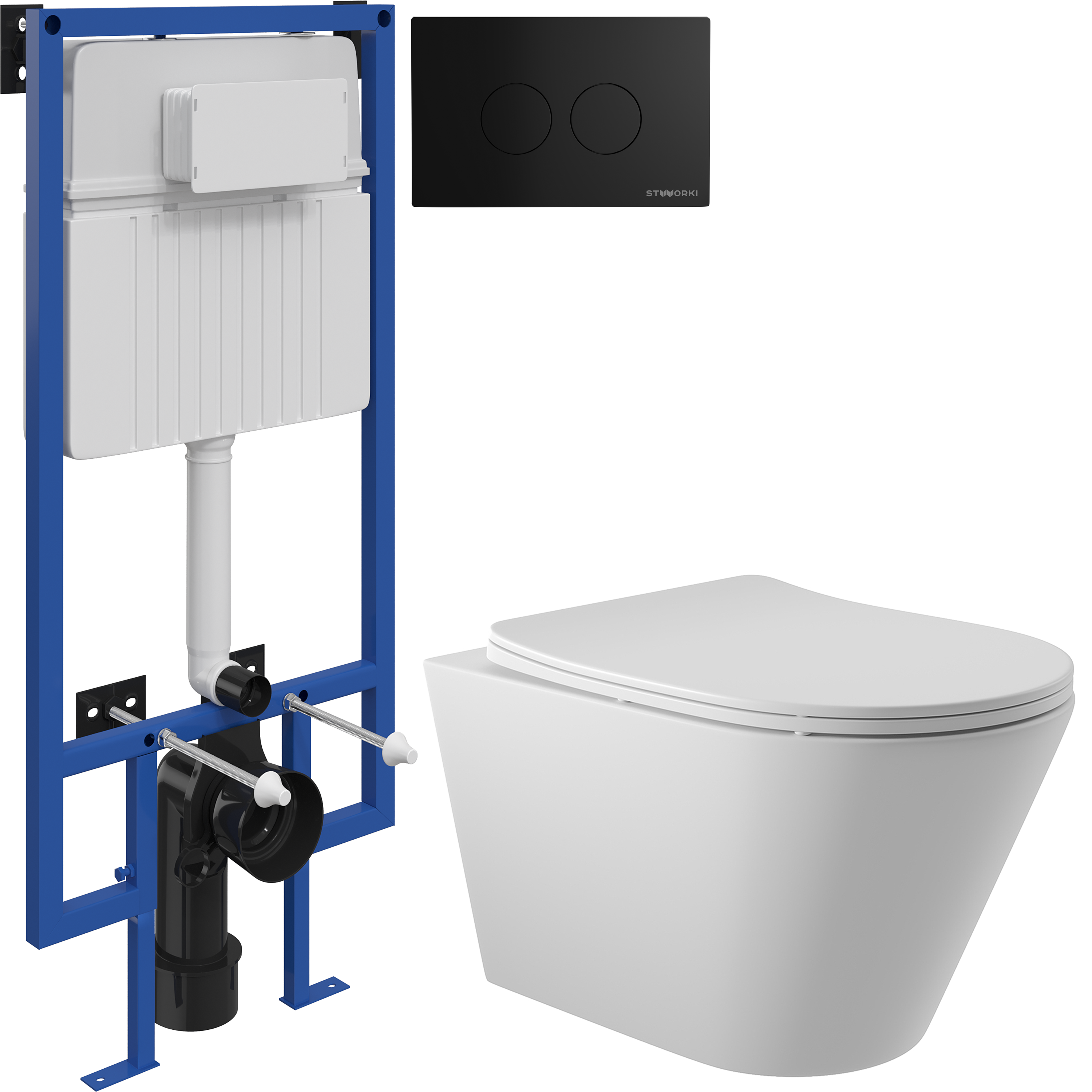 Комплект 3 в 1 Унитаз подвесной Aqueduto Cone CON0120 + Инсталляция STWORKI 510162 + Кнопка Хельсинки 500471 цвет матовый черный