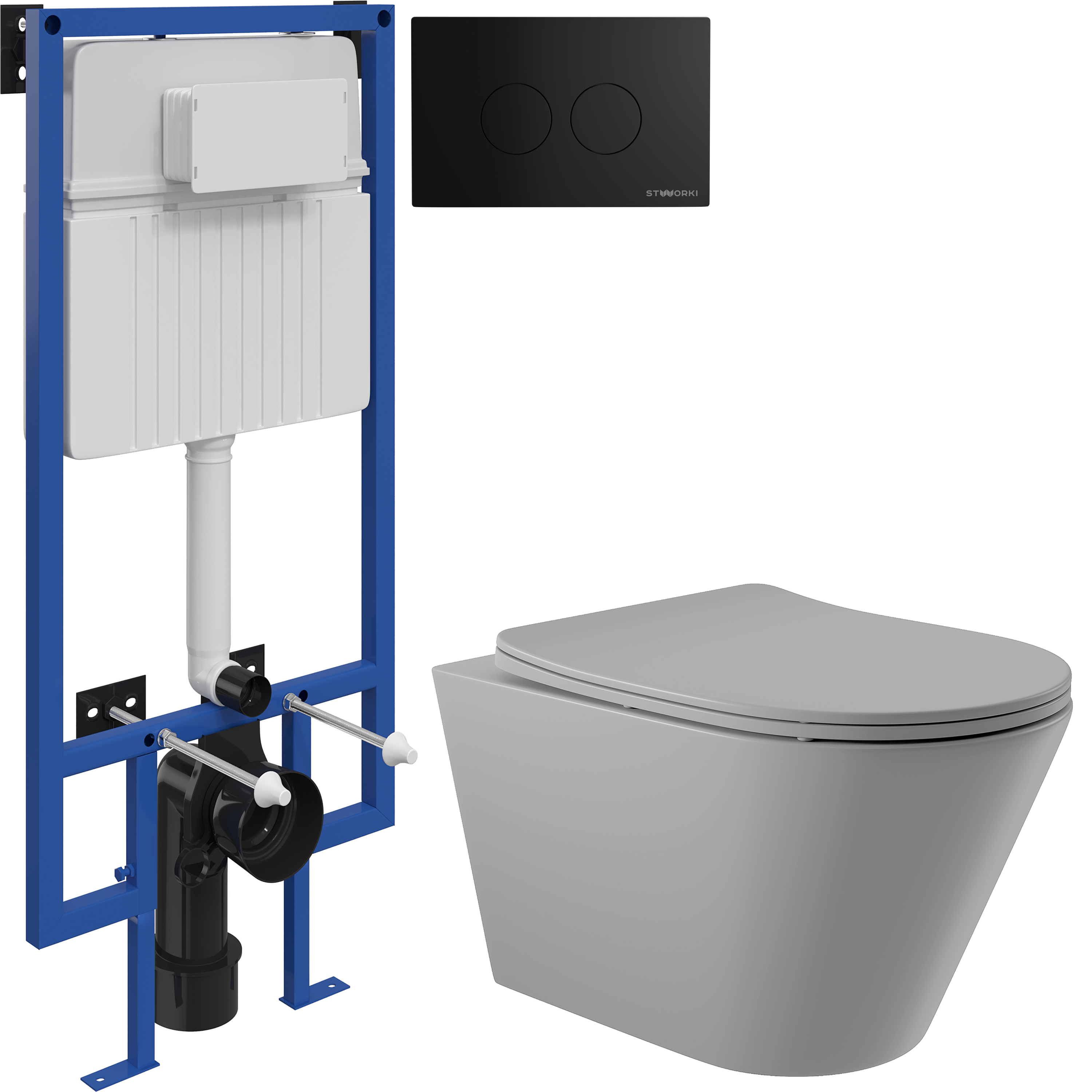 Комплект 3 в 1 Унитаз подвесной Aqueduto Cone CON0130 + Инсталляция STWORKI 510162 + Кнопка Хельсинки 500471 цвет матовый черный