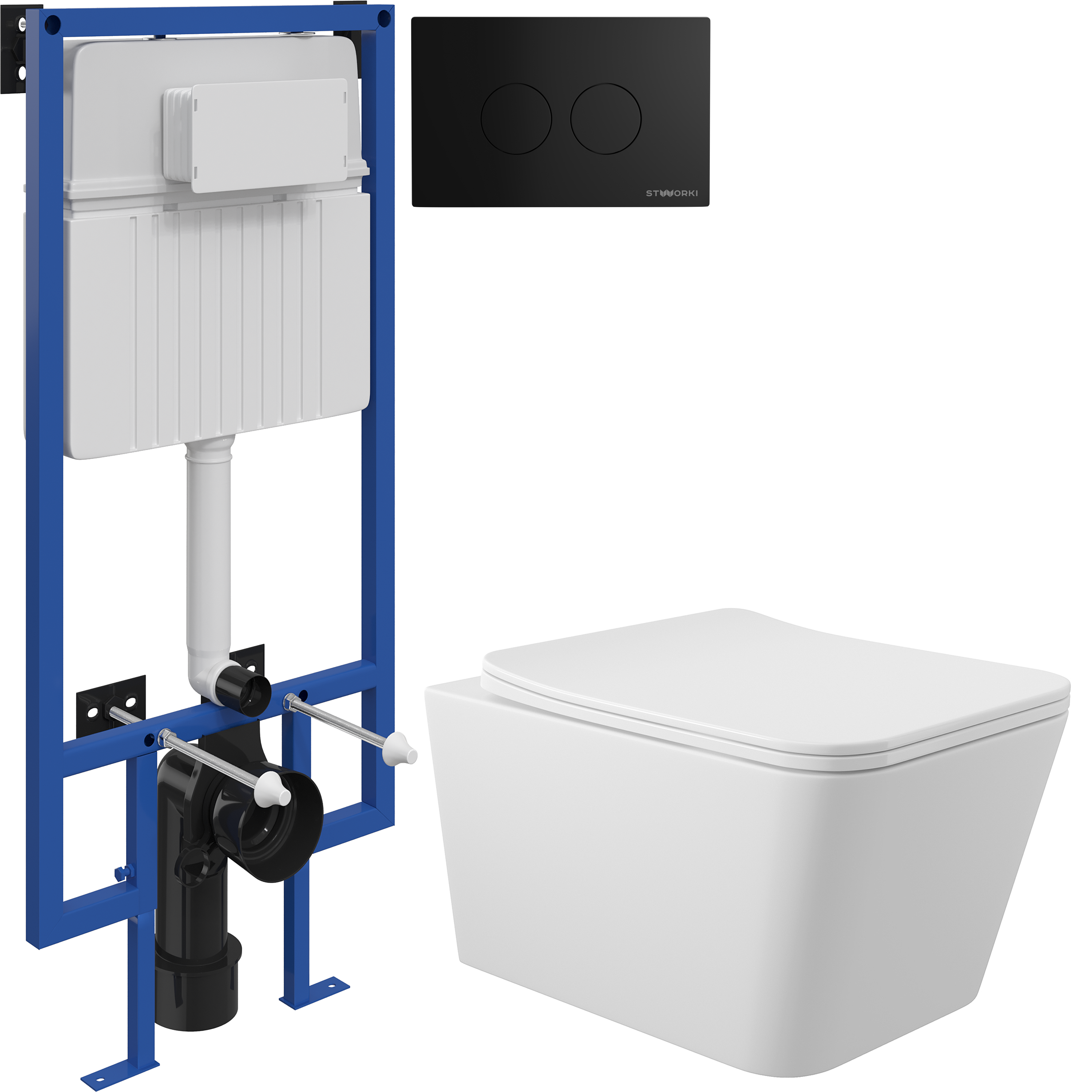 Комплект 3 в 1 Унитаз подвесной Aqueduto Macio MAC0120 + Инсталляция STWORKI 510162 + Кнопка Хельсинки 500471 цвет матовый черный