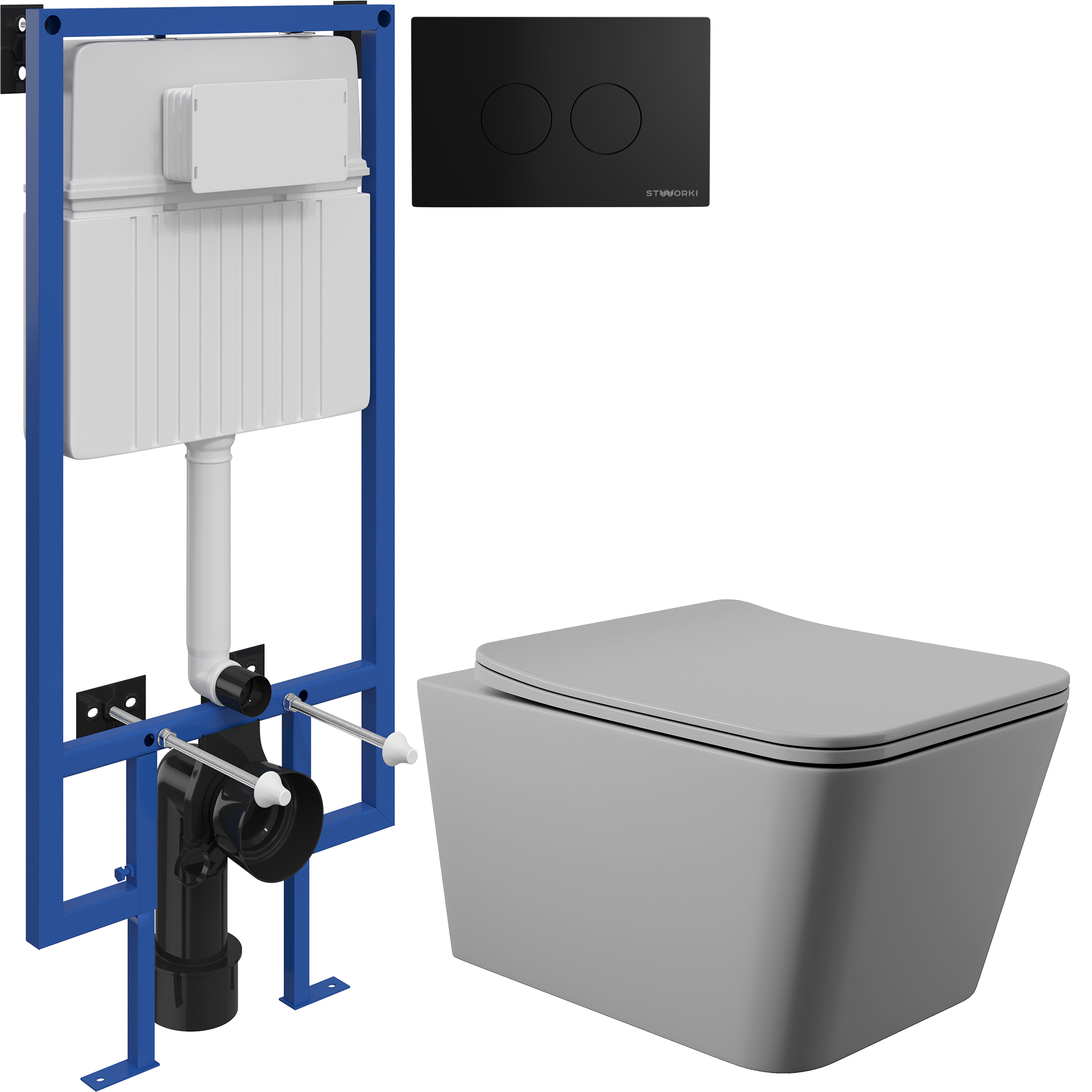 Комплект 3 в 1 Унитаз подвесной Aqueduto Macio MAC0130 + Инсталляция STWORKI 510162 + Кнопка Хельсинки 500471 цвет матовый черный