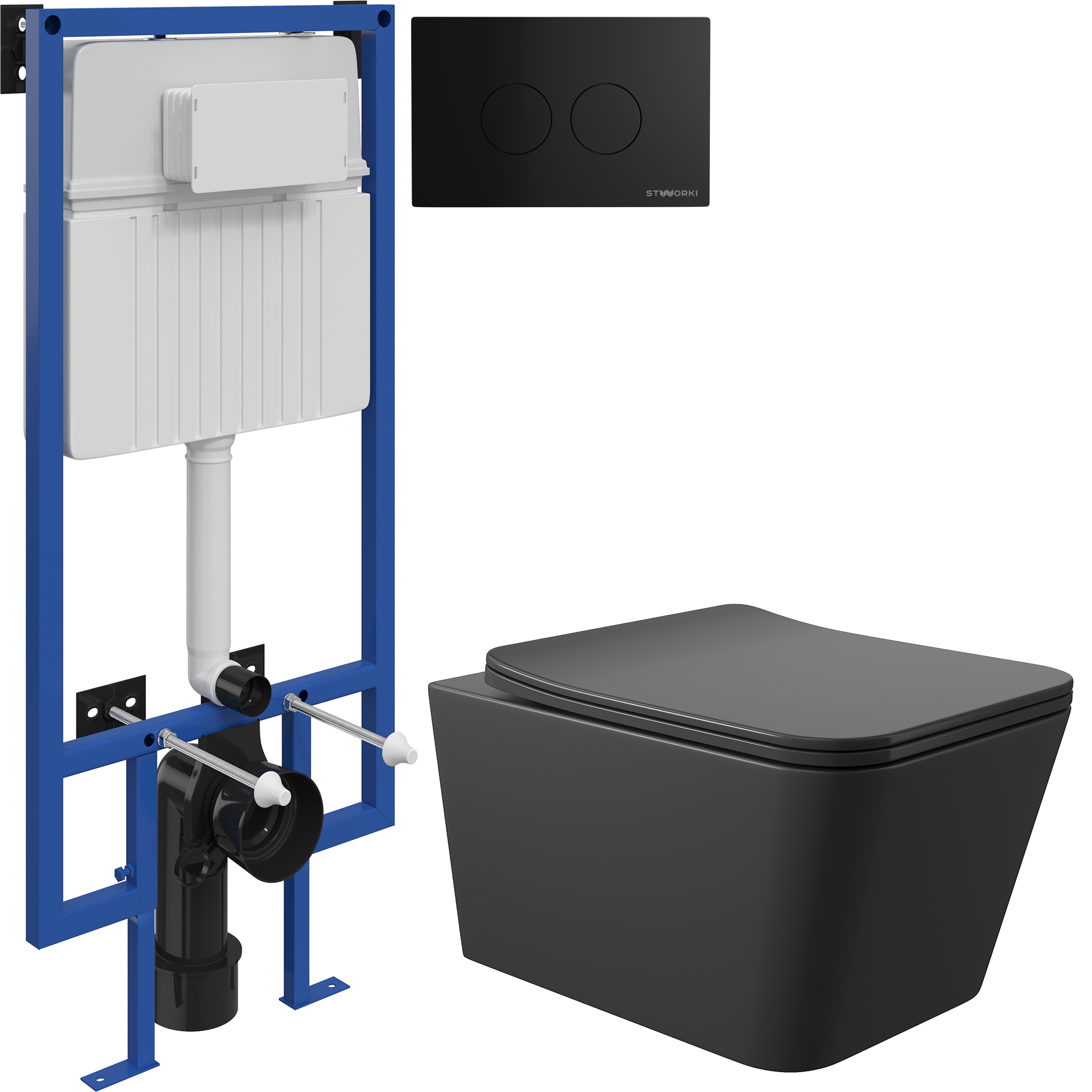 Комплект 3 в 1 Унитаз подвесной Aqueduto Macio MAC0140 + Инсталляция STWORKI 510162 + Кнопка Хельсинки 500471 цвет матовый черный